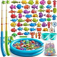NIPLOOOW Magnetic Fishing Game Toy with Inflatable Pool, Rods, Nets & 51 Fish - Kids Pool Toys Ages 3-8, Educational Birthday Gift