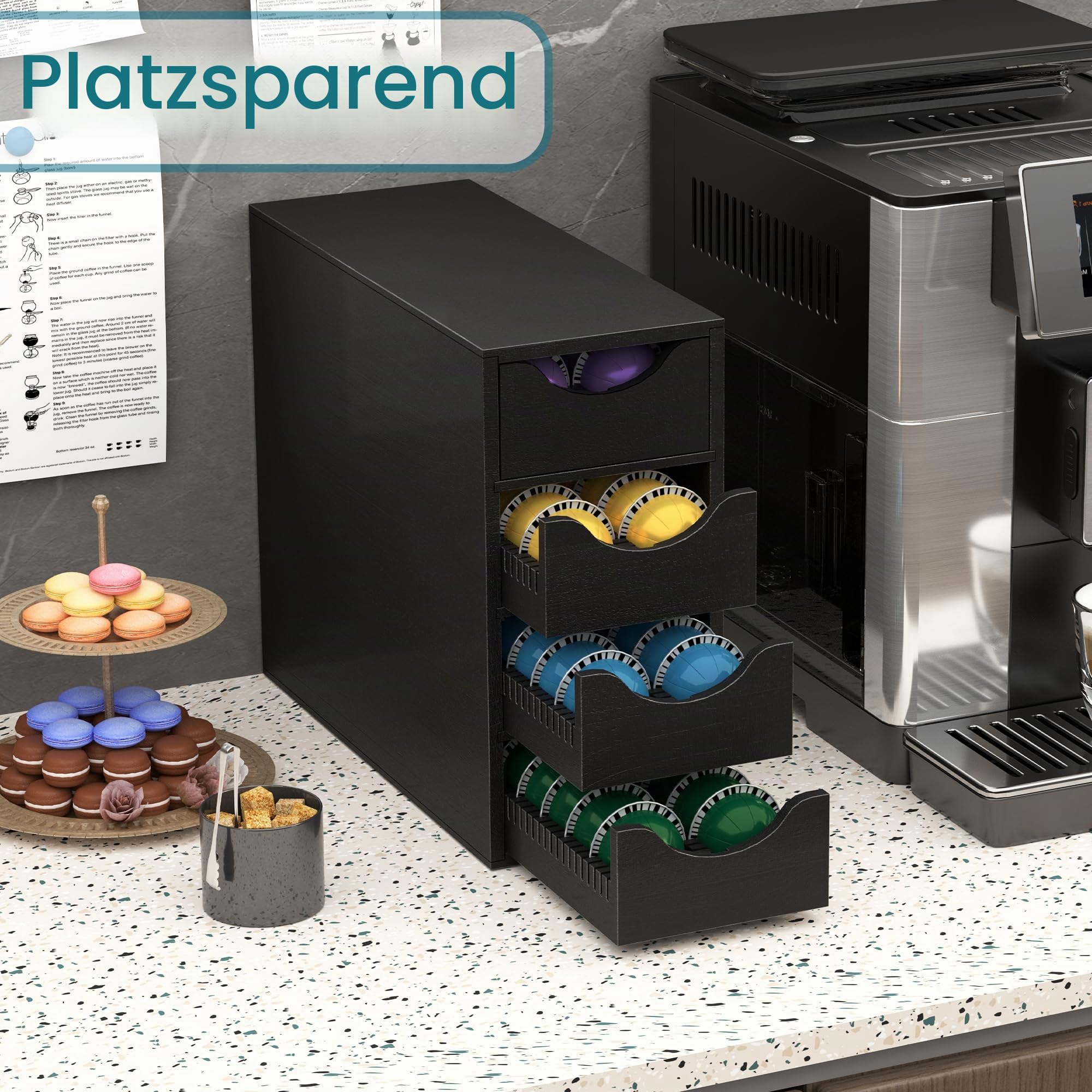 Suli Kaffeekapselhalter für Kaffeekapsel holz,4 Ebenen,104 Kapseln,Schwarz