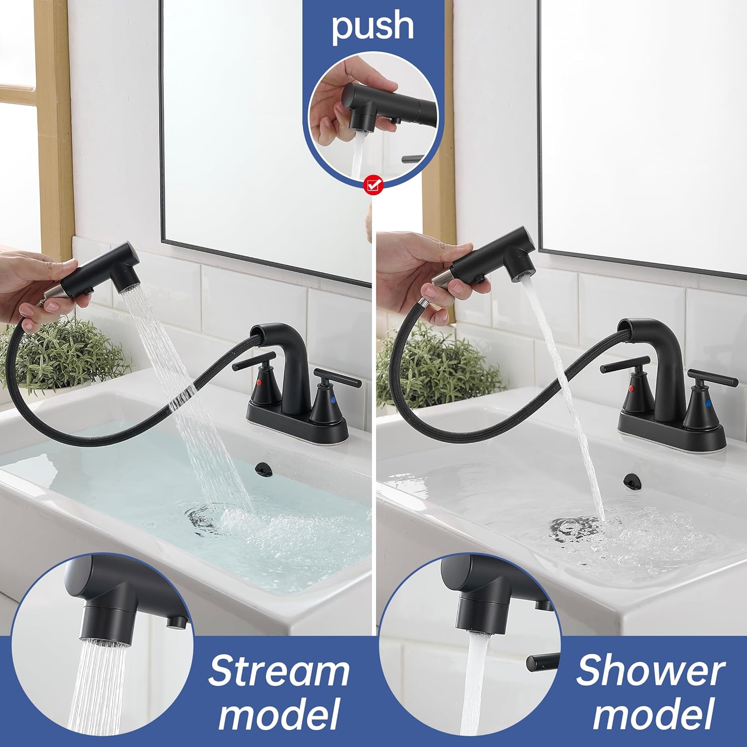 FRANSITON Bathroom Faucets with Pull Out Sprayer, 4 Inch Black Bathroom Faucet 3-Hole, 2 Handle Pull Down Sprayer Bathroom Sink Faucet with 360 Swivel Spout, Metal Pop-Up Drain