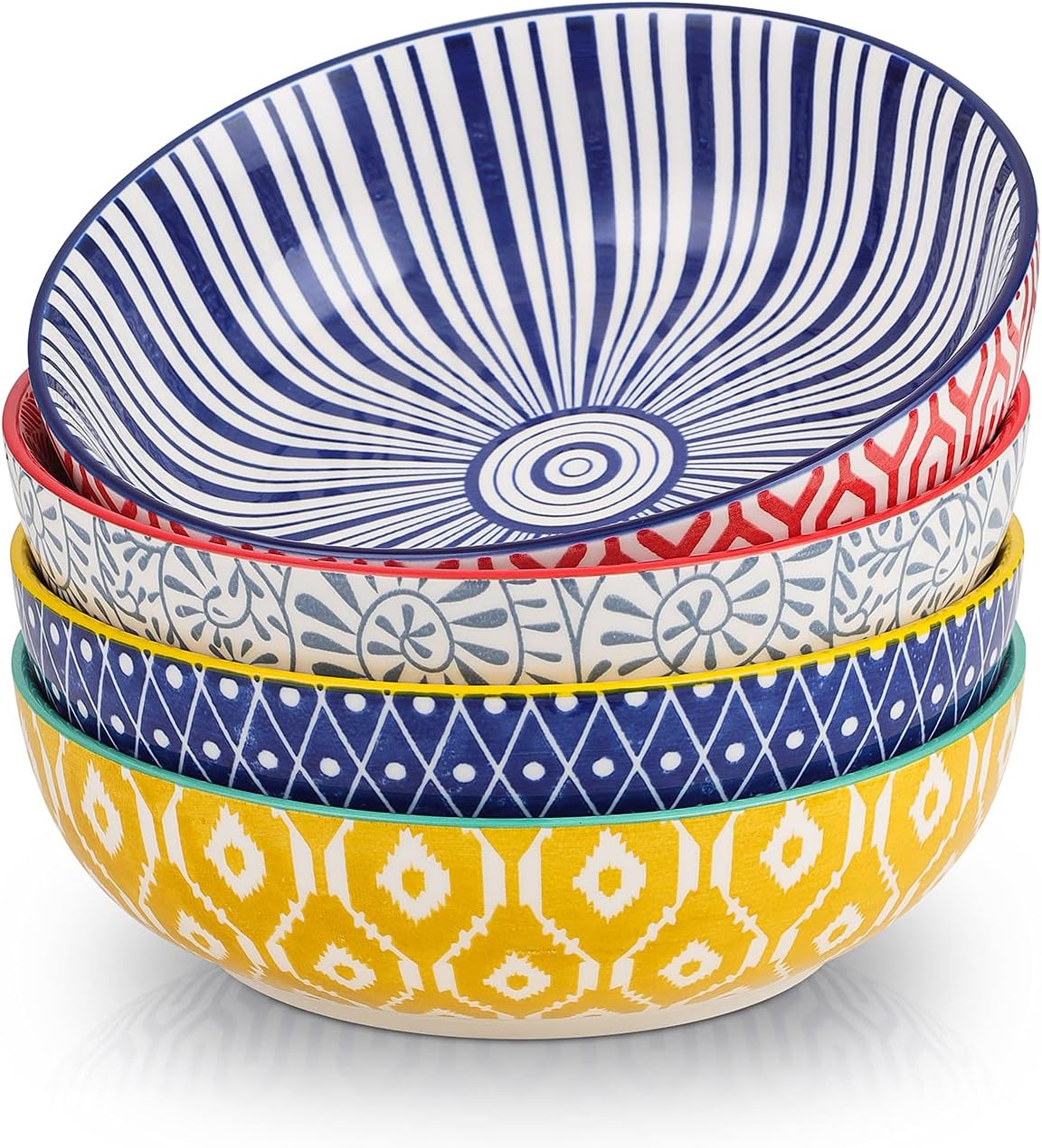 Selamica Ceramic 30 Ounce Large Pasta Bowls Set of 4, 8 inch Salad Bowl Wide and Shallow Microwave Dishwasher Safe, Assorted Corlors