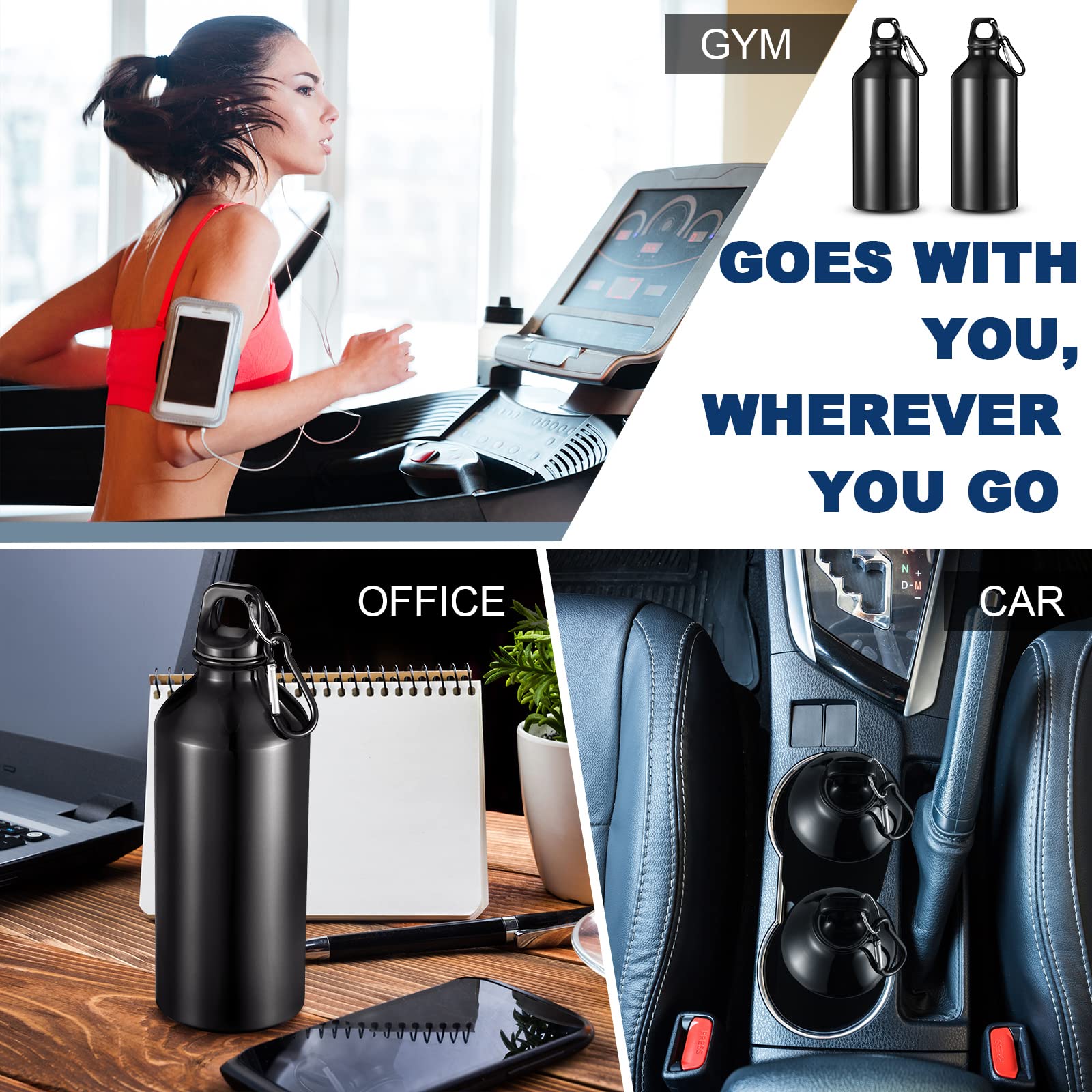 10 bottiglie in alluminio da 567 ml, in alluminio, leggero, riutilizzabili, a prova di perdite, in alluminio, con tappo a torsione e fibbia per campeggio (nero)