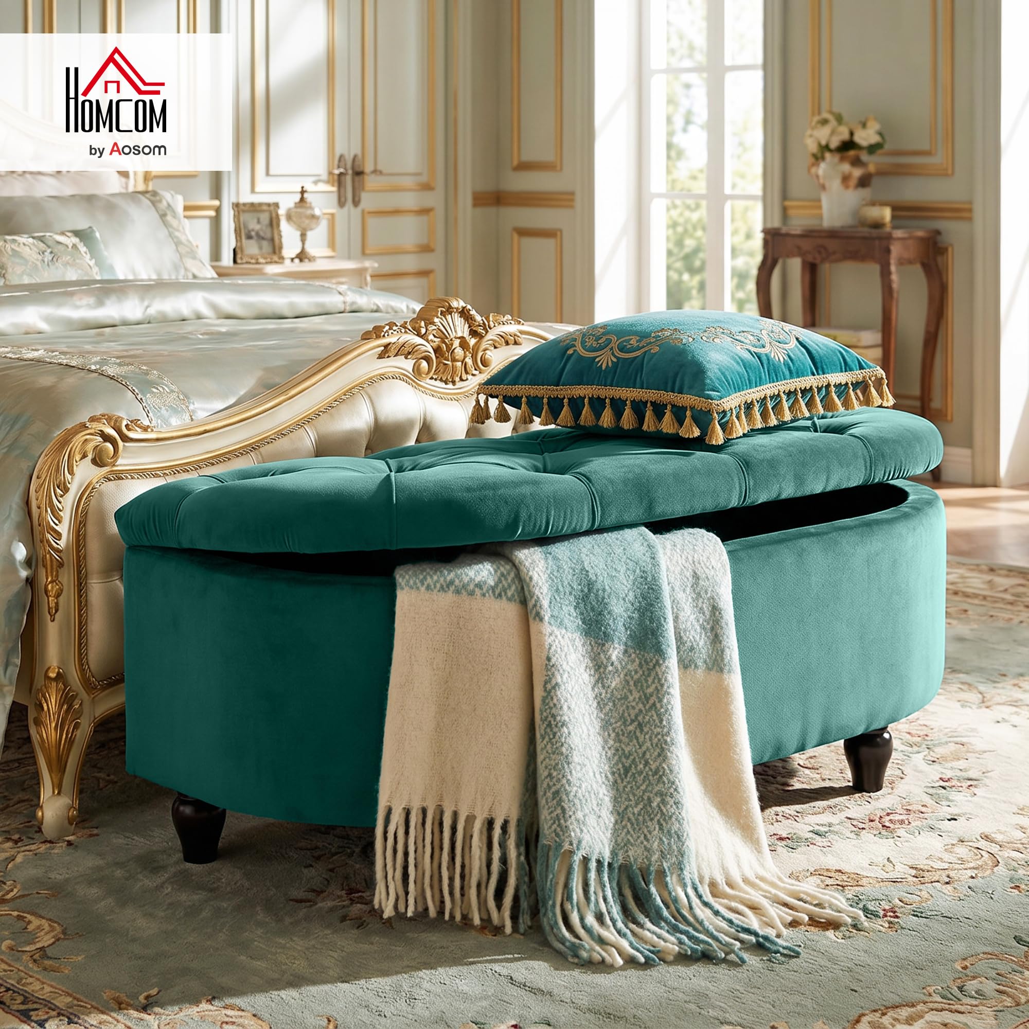 HOMCOM Sitzbank mit Stauraum Polsterbank mit Samtoptik, geöffnetem Deckel Sitztruhe mit Holzbeine, Truhenbank für Wohnzimmer Flur Schlafzimmer 120 x 46 x 42 cm Dunkelgrün