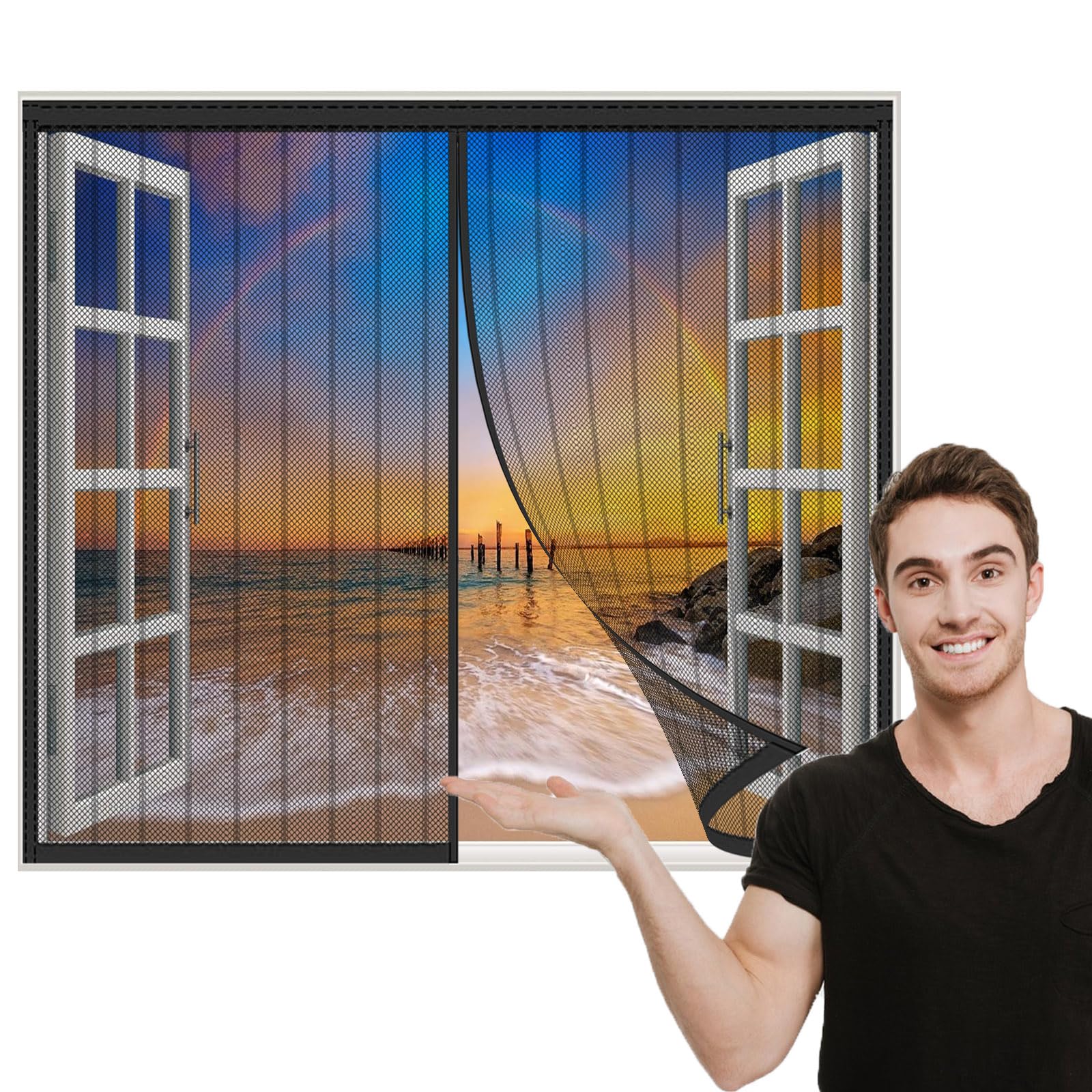 Magnetic Fly Screen Window Mesh Curtain,CustomBlack Mesh Curtains Window Protector Net Fly Mosquito Insects Screen,Shuts Automatically, Magnetic Window Curtain for Keeping Out Flies to Keep Bugs Out