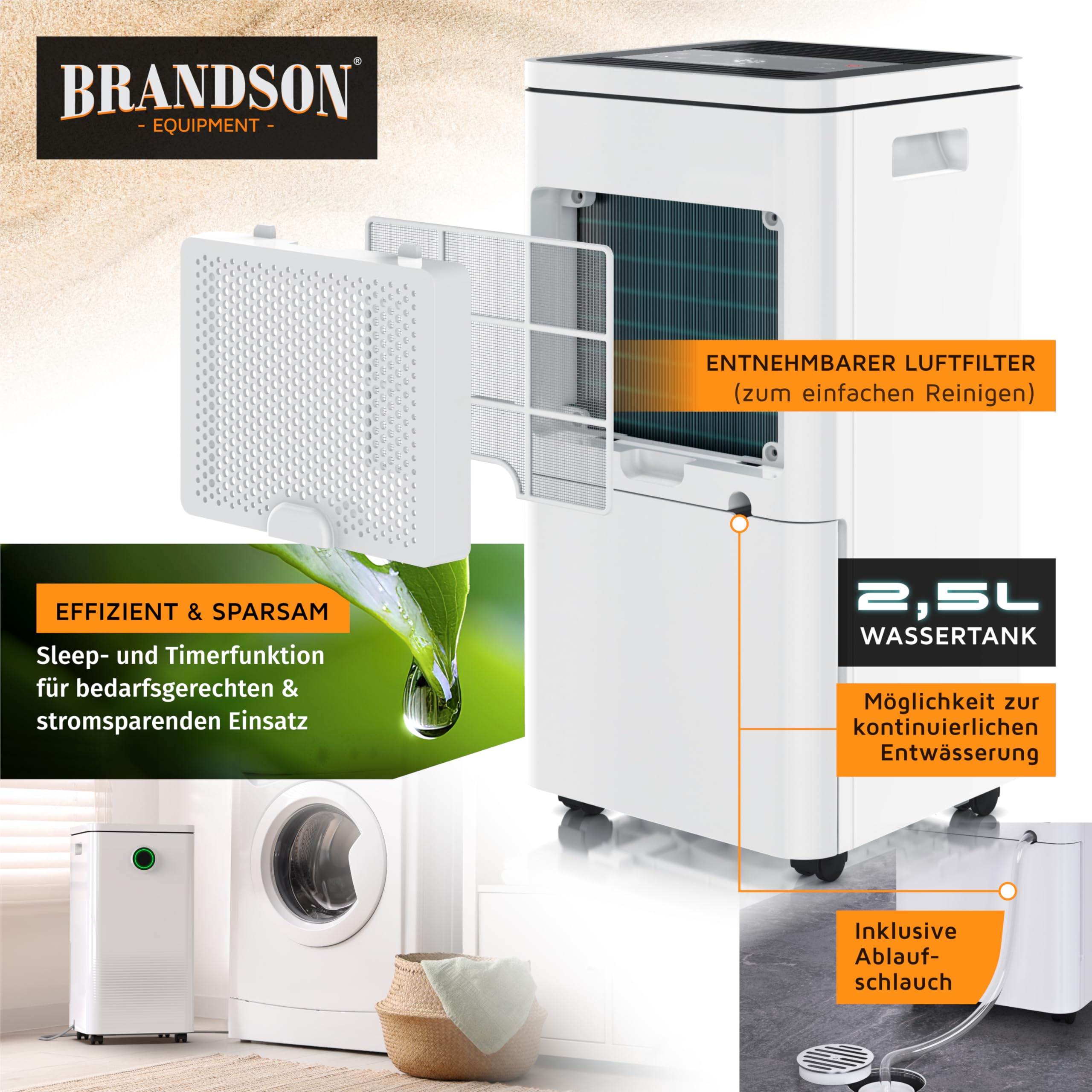 Brandson - Luftentfeuchter 10L mit Kompressor – Dehumidifier Raumentfeuchter elektrisch – 10 Liter / 24h – sehr leise - Schlafzimmer Bad Keller