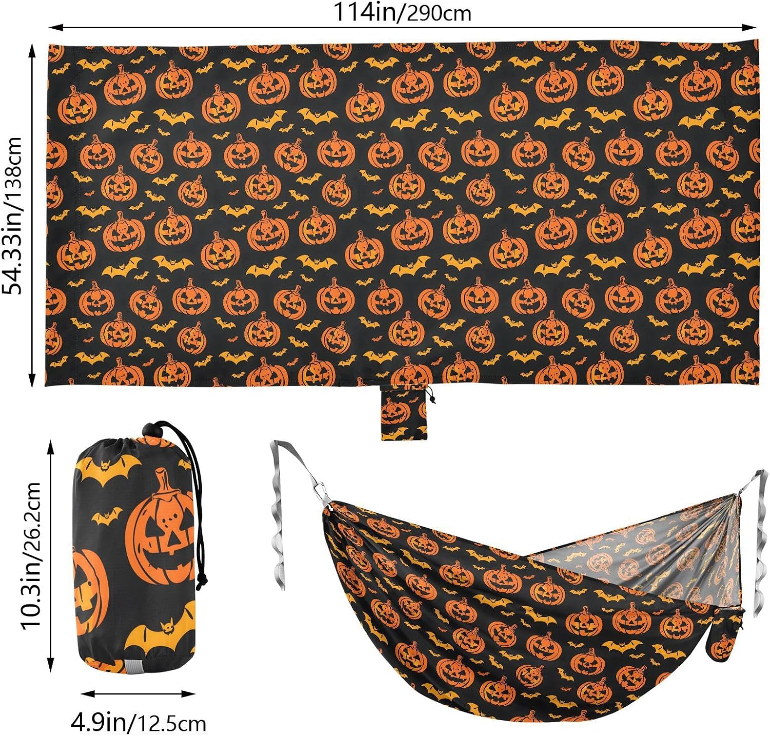 ALAZA Halloween Pumpkin Bats Camping Hammocks Single or 2 Person 500 lbs Portable Parachute Travel Hammock w/Tree Straps for Hiking Backpacking Indoor Outdoor