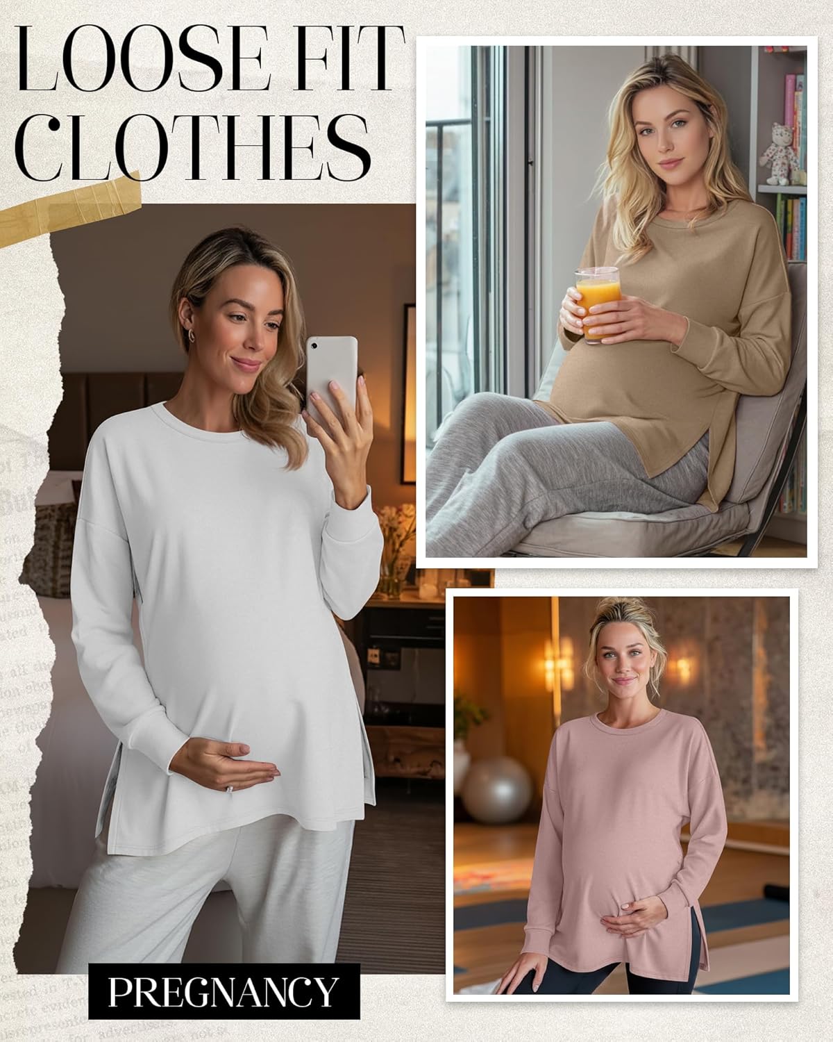 Ficerd 4 Pack Women's Casual Maternity T-Shirts, Long Sleeve Crew Neck Split Side Tee Tops Shirts Loose Fit Pregnancy Clothes - Image 2
