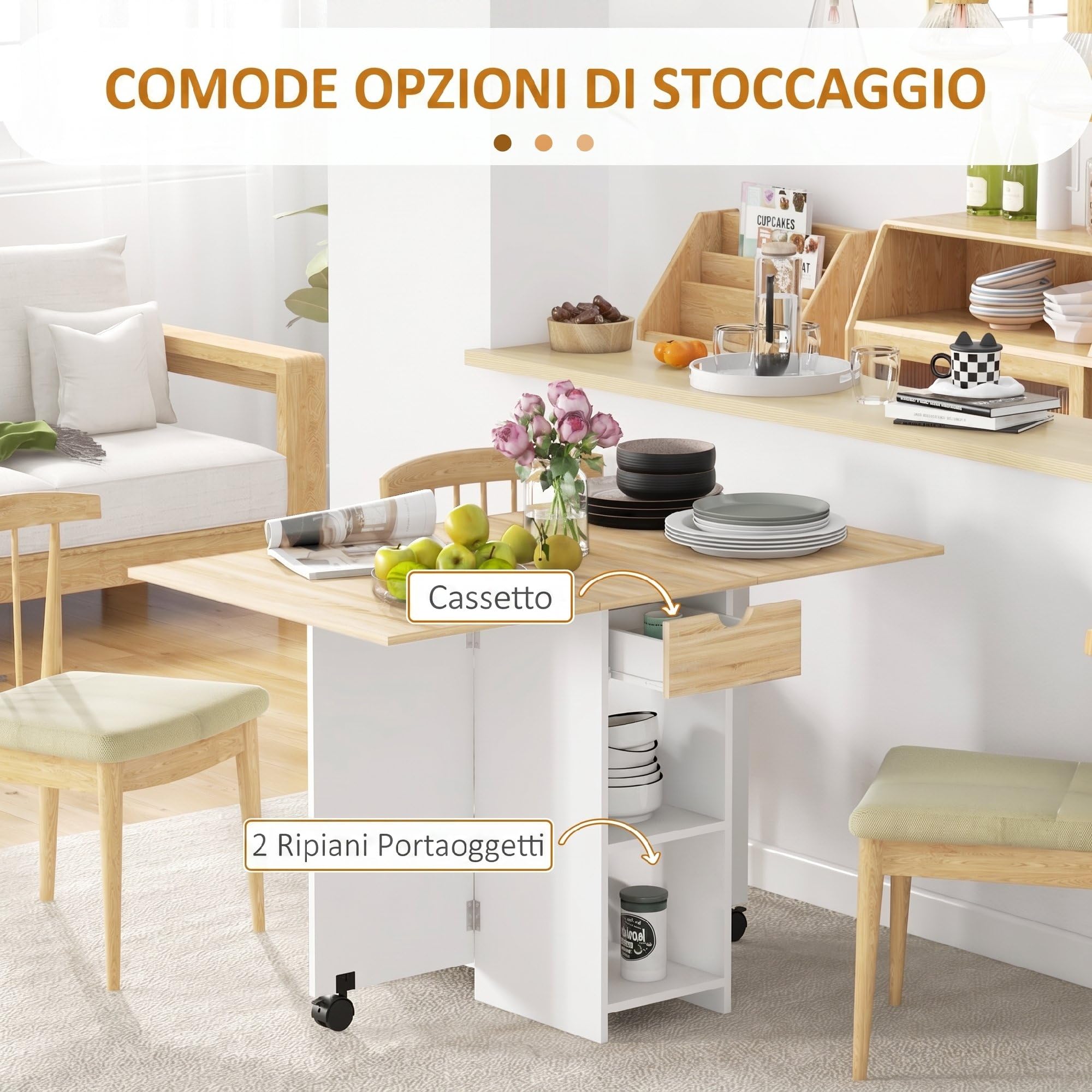 HOMCOM Tavolo da Pranzo Pieghevole, Tavolo Cucina a Ribalta con Ruote per 2-4 Persone, Scrivania Richiudibile con Cassetto e Ripiani, per Soggiorno, 120x72x75 cm, Bianco e Rovere