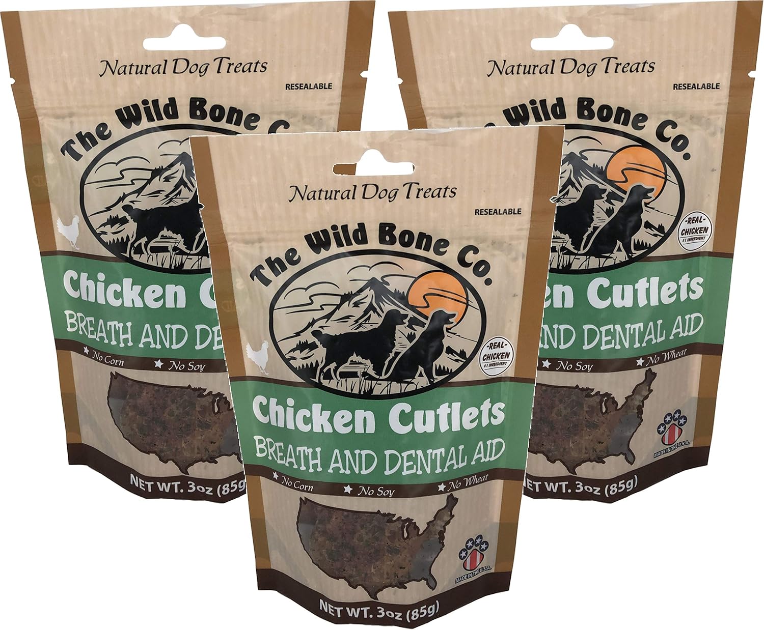 3 Pack of Chicken Cutlets Breath and Dental Aid Dog Treats, 3 Ounces Each, Made in The USA