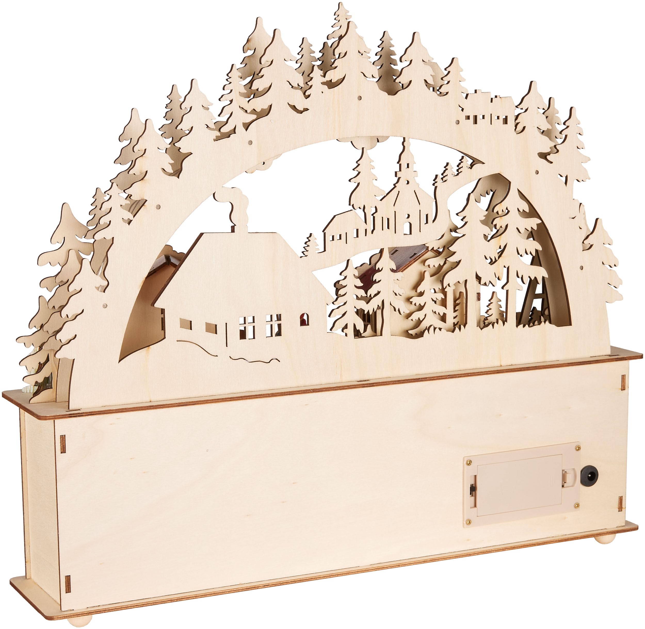 BRUBAKER Adventskalender zum Befüllen - Weihnachtsdorf 2026 | Holz Weihnachtskalender mit LED Beleuchtung - Dorf mit Kindern, Bäckerei, Hund & Wald - 40 cm Kalender mit Bogen - Beleuchtet