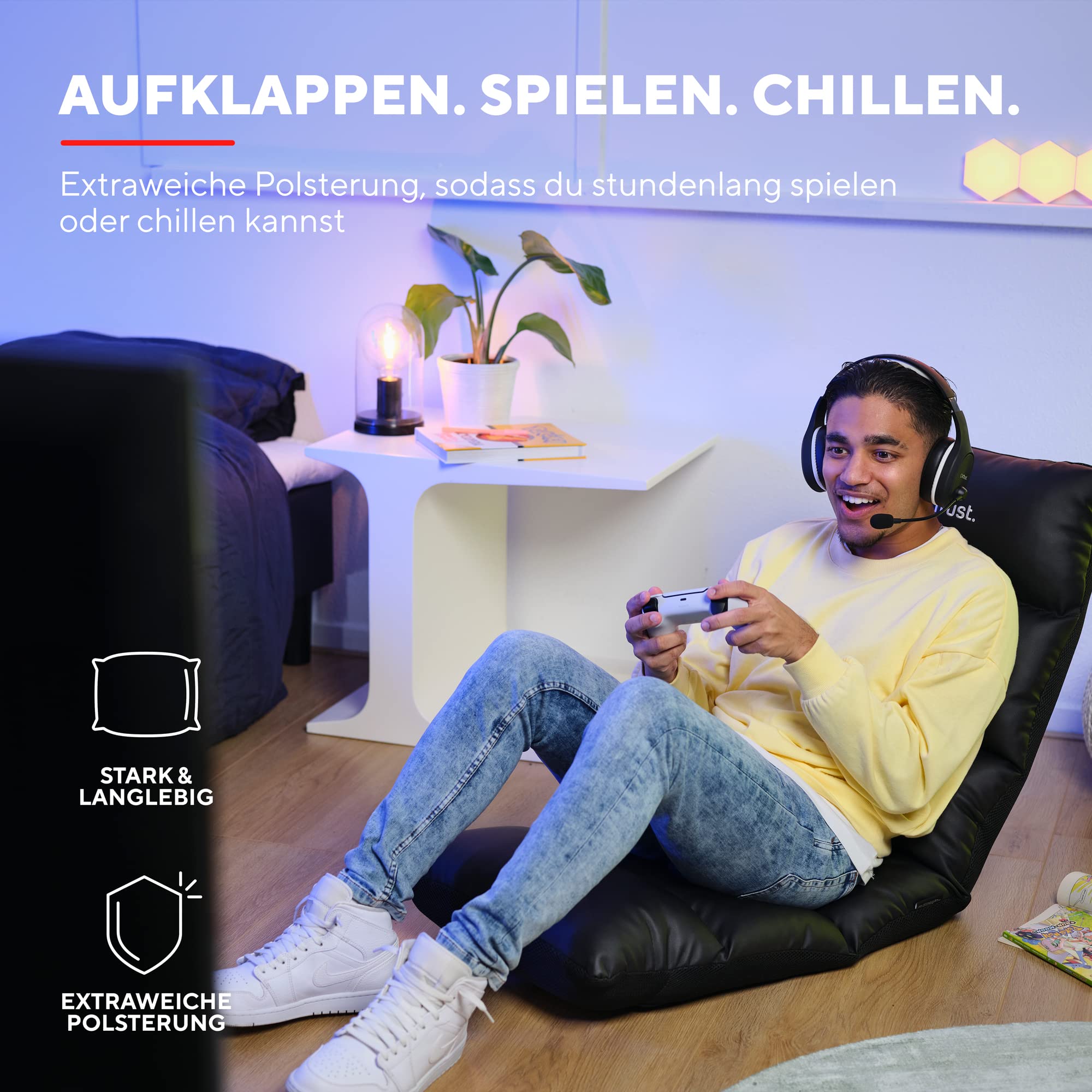 Trust Gaming GXT 718 Rayzee Klappbarer Gaming Stuhl, Bodenstuhl mit Rückenlehne für Konsolen-Gaming, bis 125 kg Belastbar, Sitzkissen mit Liegefunktion für Videospiele, Entspannung - Schwarz