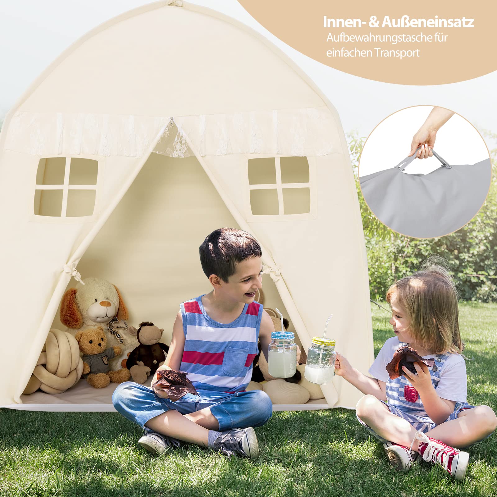 COSTWAY 143 x 100 x 155 cm Spielhaus für 2-3 Kinder, Prinzessin Prinzess Kinderzelt, Kinderspielzelt mit Fenstern und doppeltem Vorhang, Spielzelt In- & Outdoor (Beige)