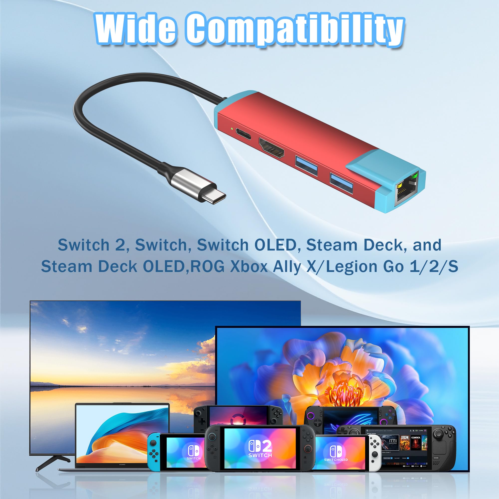 USB C Switch 2 Dock, adattatore HDMI 4K a 60 Hz con porta PD/USB 3.0/Gigabit Ethernet, dock di ricambio per interruttore/switch OLED/Steam Deck/ROG Xbox Ally X/Legion Go