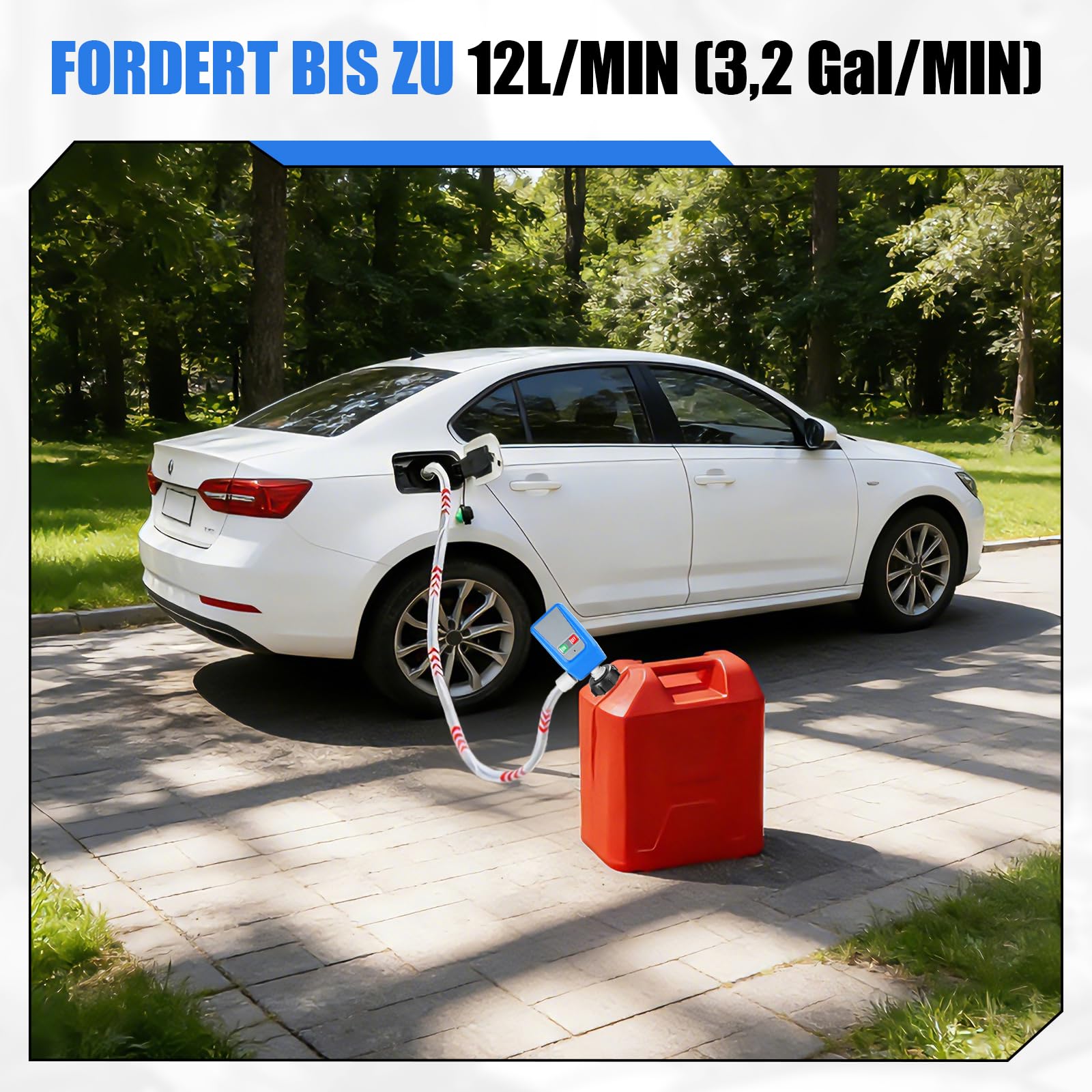 Pompe à Essence Électrique à Piles, 3,2 GPM Fuel Transfer Pump pour Essence | Pompe à Carburant avec Capteur d'arrêt Automatique 12 L/min, Tuyau de 1,3 m, 4 Adaptateur de Réservoir pour Diesel, Huile Eau