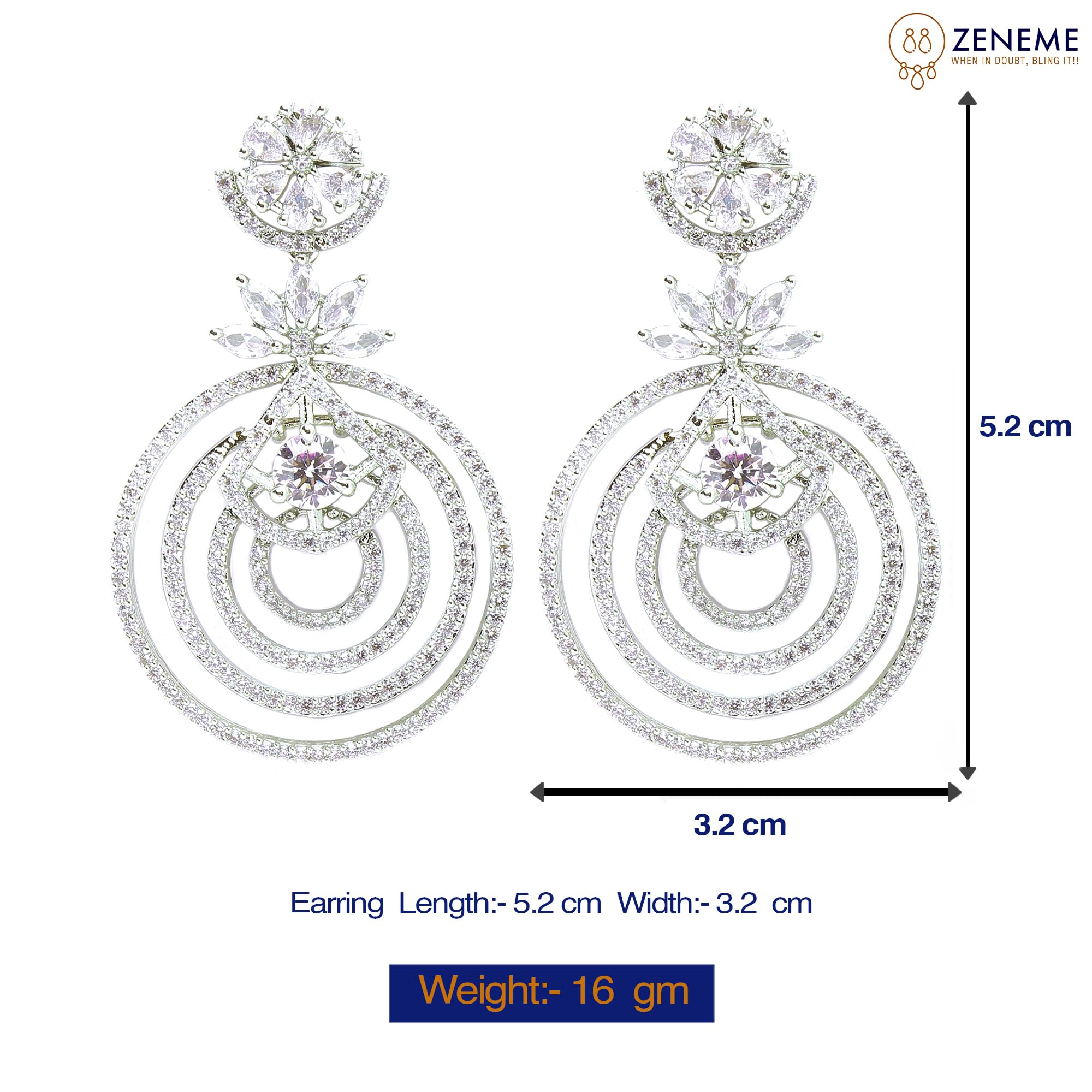 Rhodium-Plated Floral & Circular Layered Drop Earrings
