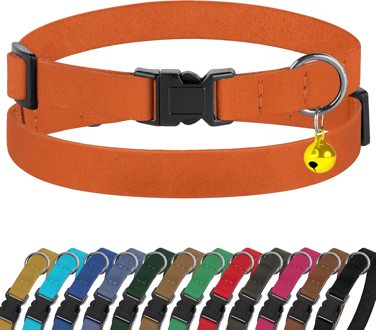 Breakaway Cat Collar Leather with Removable Bell – 13 Colors Available – Soft Adjustable Girl Boy Safety Lightweight Pet Kitten Collars Pink Brown Blue Green Red Orange Black (Orange)