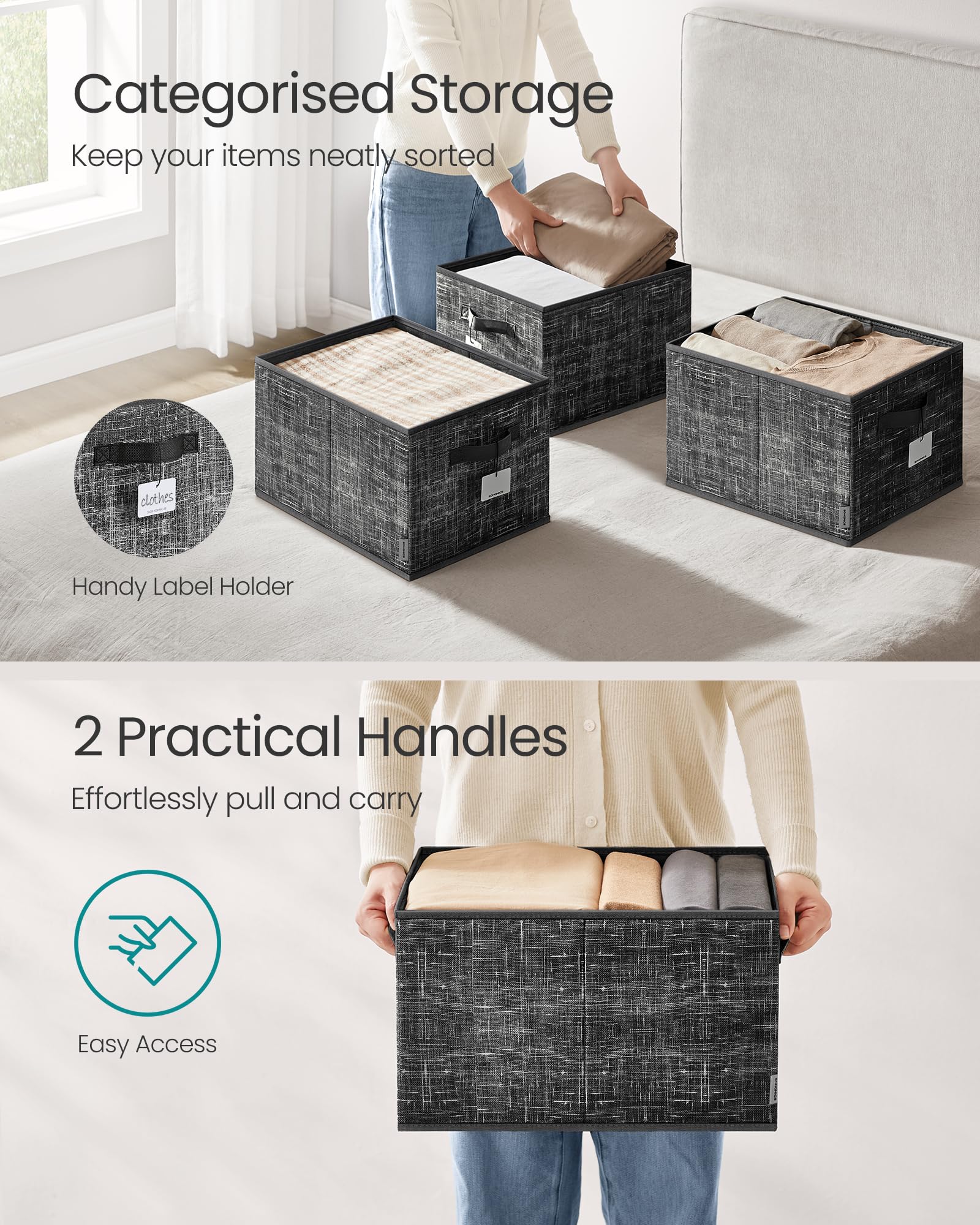 SONGMICS Collapsible Storage Boxes, Set of 3 Fabric Storage Baskets, 40 x 30 x 24 cm, Wardrobe Storage Organisers, 2 Handles - Image 4