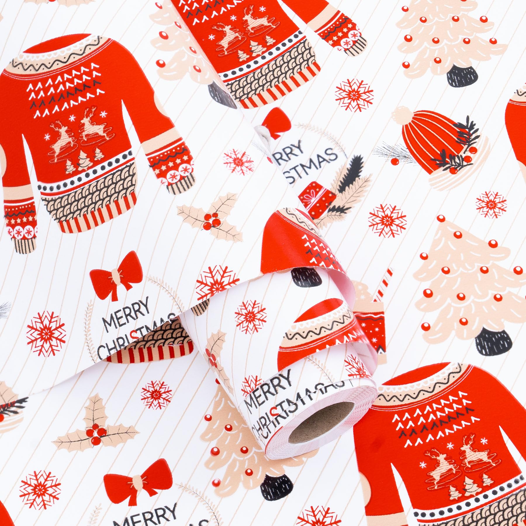 Larcenciel Christmas Wrapping Paper Roll, Red and White Xmas Wrapping Paper Rolls w/Sweater Christma Hat Christmas Tree, Smooth Xmas Gift Wrap for New Year Winter Festival, 10Mx43CM