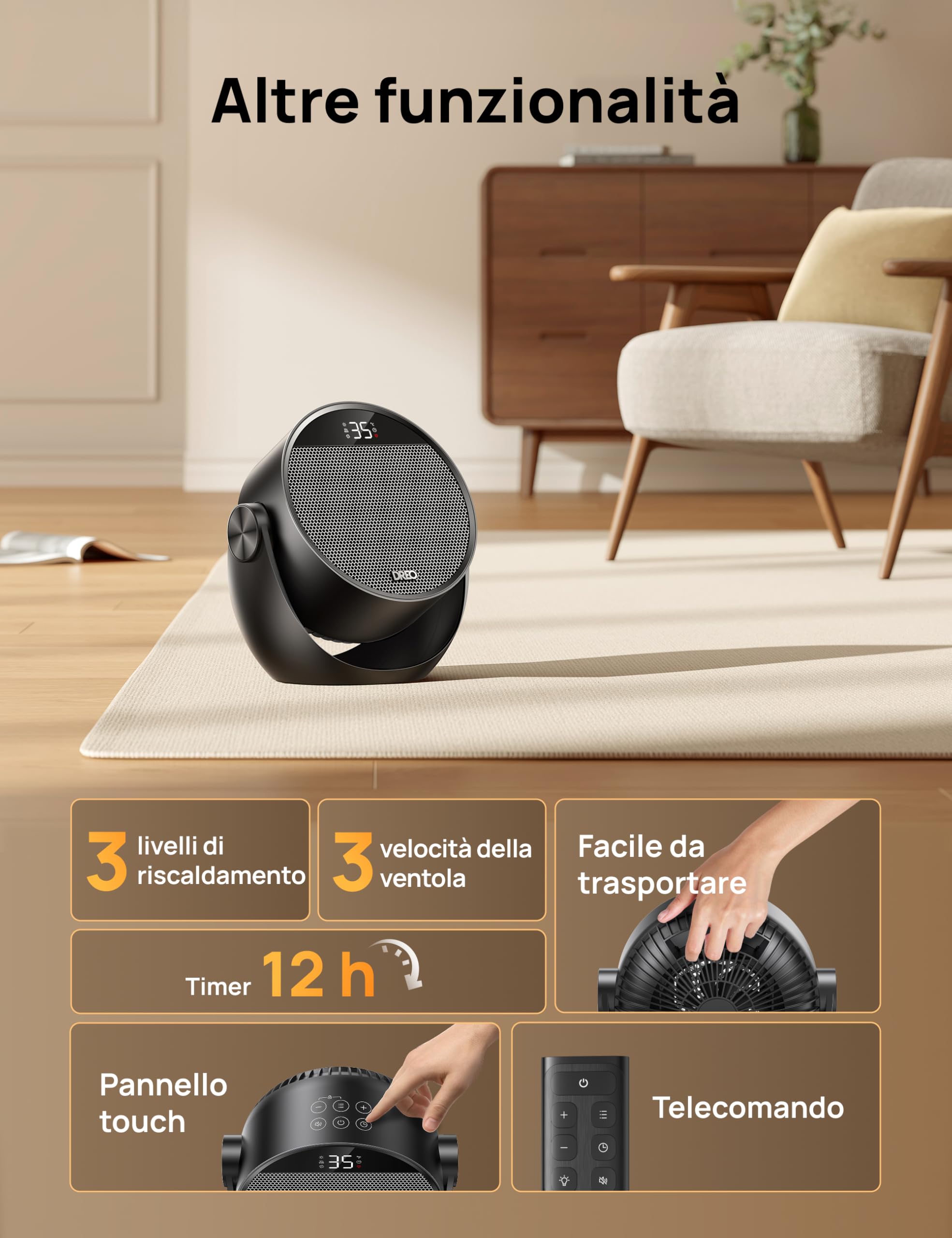 Dreo Termoventilatore da Camera, Stufa Portatile con 3 Modalità, Termostato Regolabile e Telecomando, Inclinazione 60°, Timer 12H, 8 Sistemi di Sicurezza, Riscaldatore Silenzioso per Ufficio e Casa
