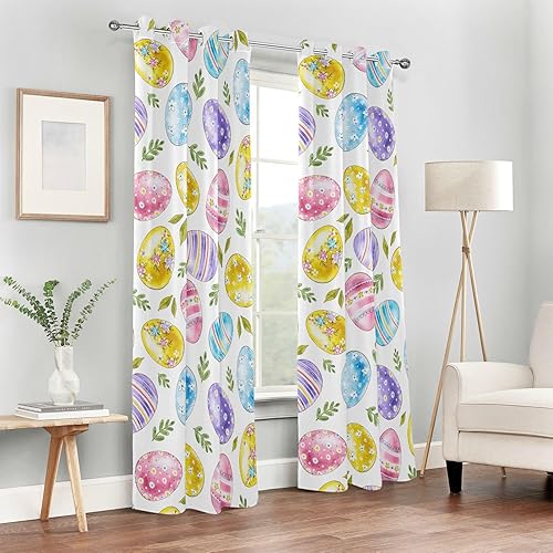 Miniatura 6 de Cortinas opacas de huevos de Pascua con hojas verdes de 84 pulgadas, cortinas de granja para tratamientos de ventanas, cortinas transparentes
