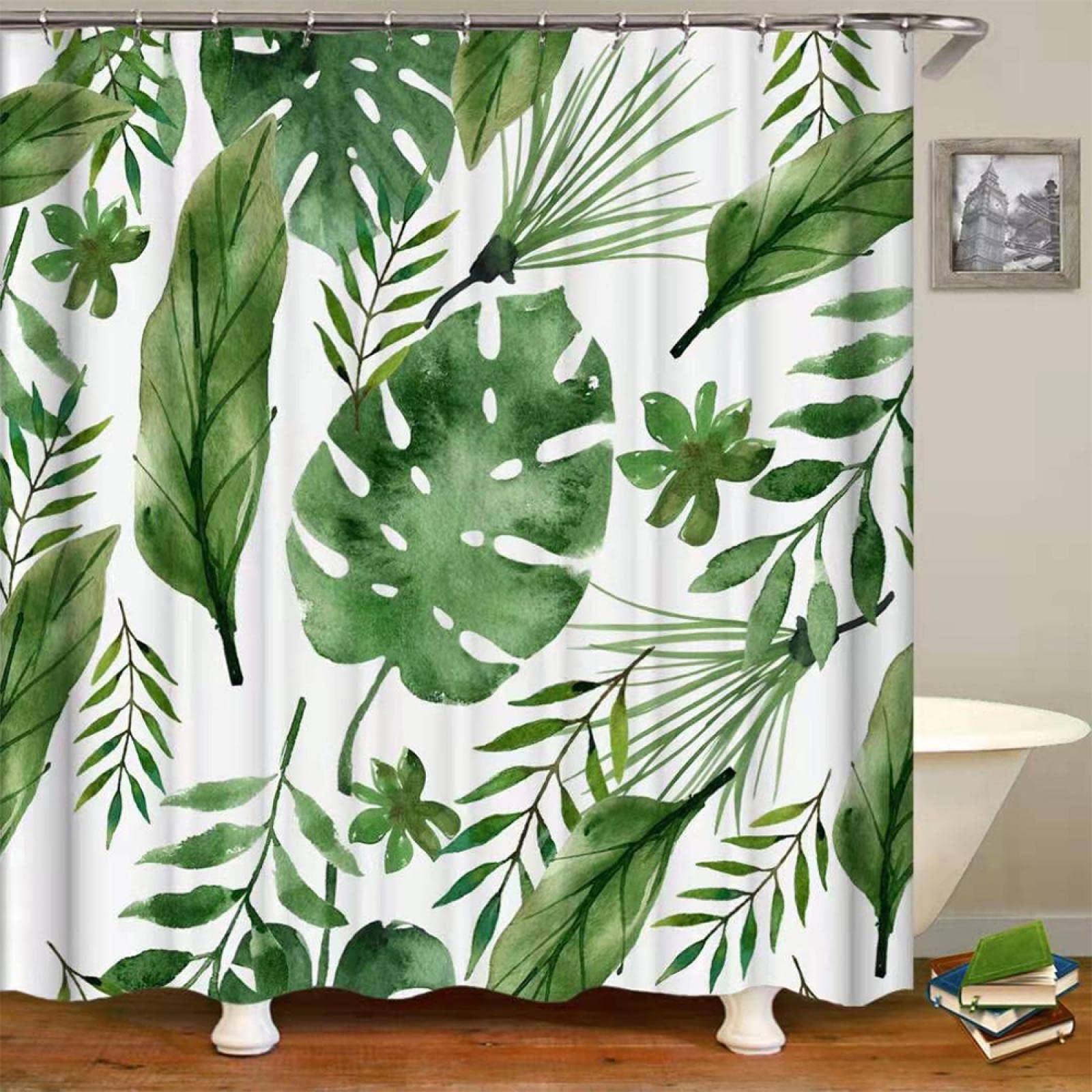 Feuille de palmier sur rideau de douche pour créer une ambiance de spa tropical chez soi