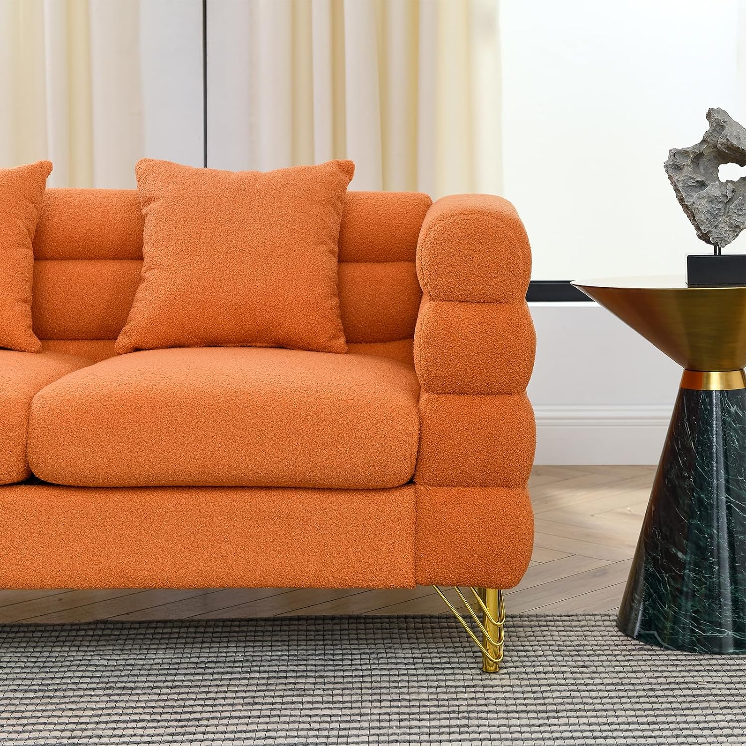 Loveseat Modern Sofa, 60" Teddy Boucle Comfy Cloud Couch Upholstered Deep 2 Seater Sherpa Couch Set with Stylish Metal Legs for Living Room Home Office Bedroom Apartment, Orange