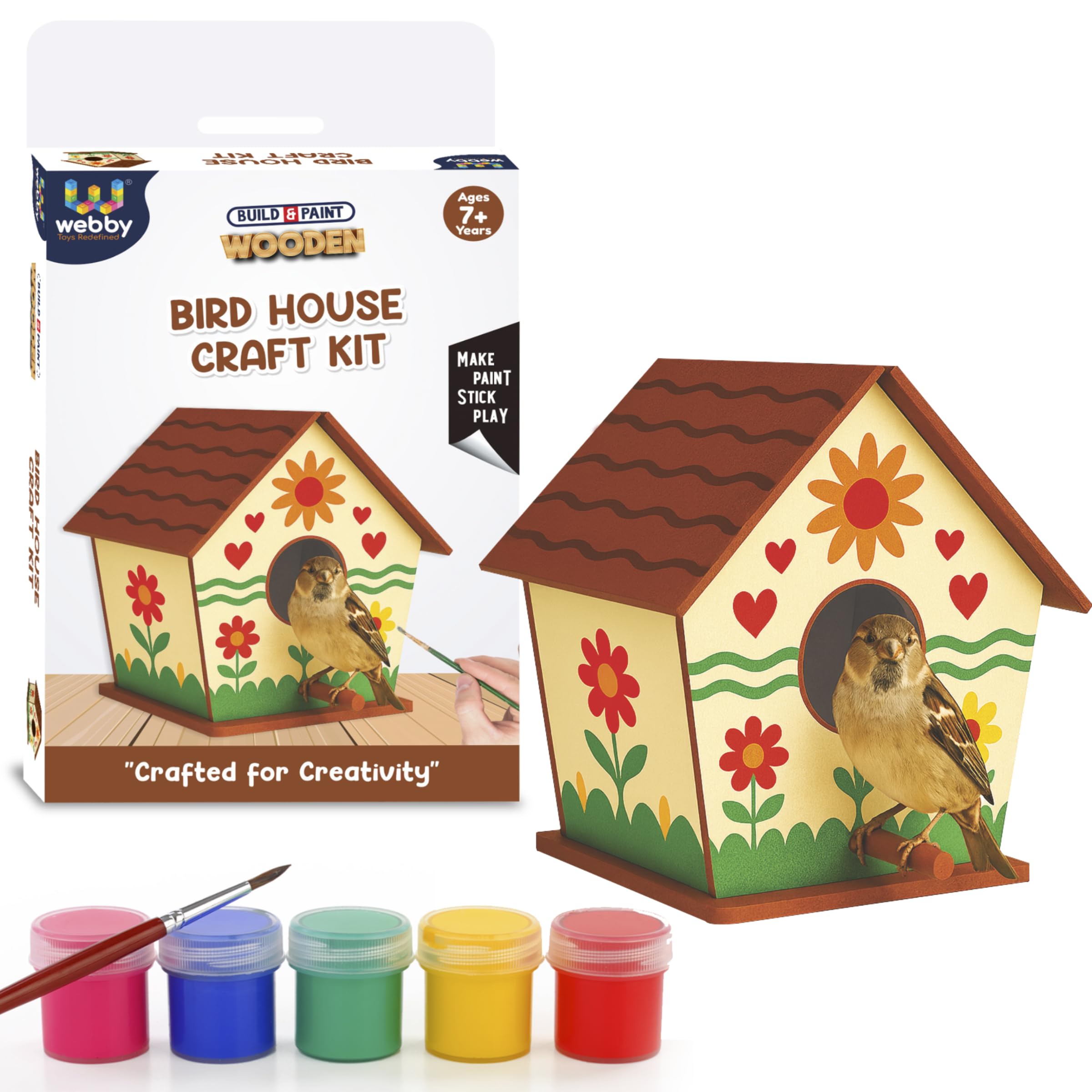 webby wooden diy paint bird house art and craft toy | birthday return gift | colour paint activity kit for kids