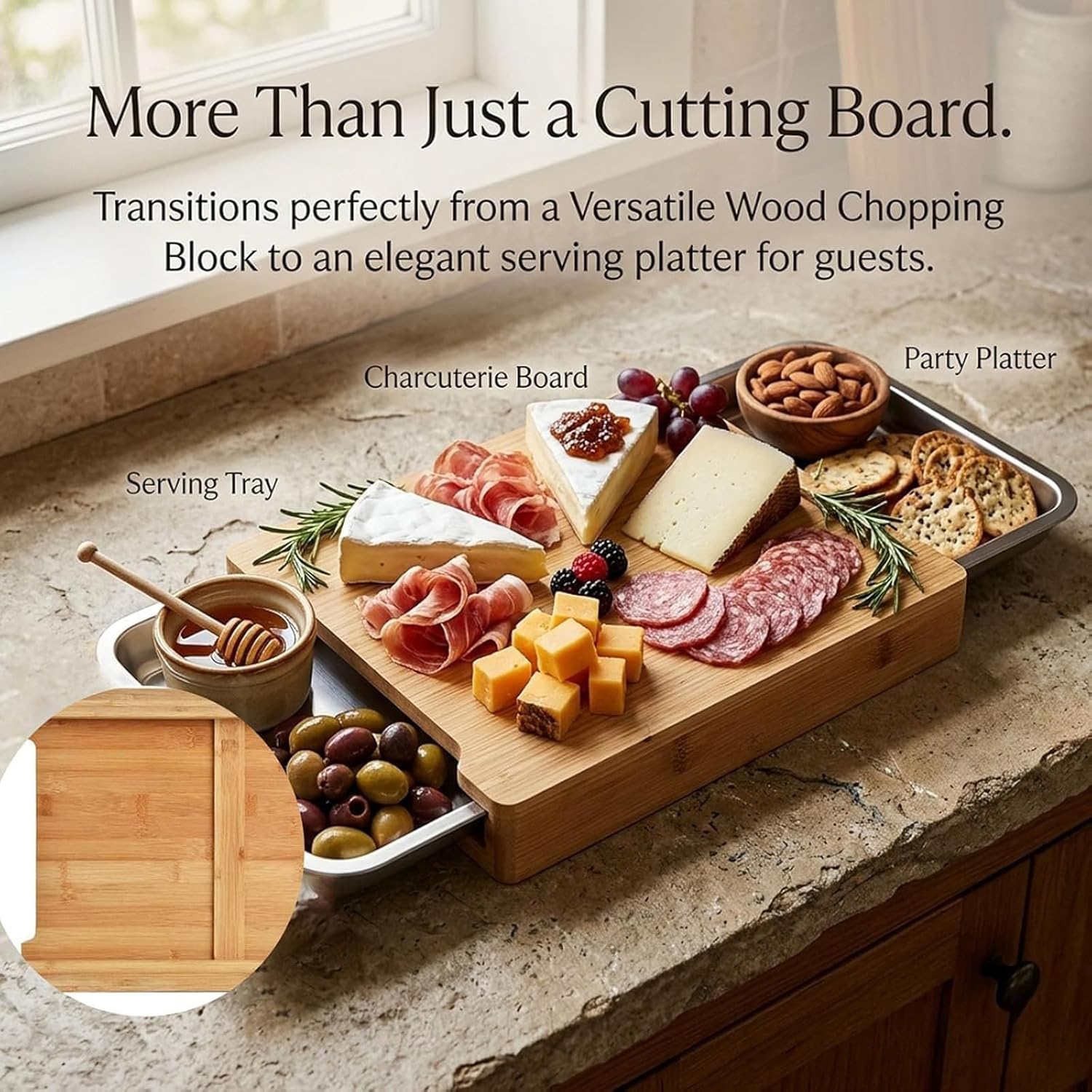 Wood Cutting Board with Slide Out Trays, Catches Food and Waste, Solid Wooden Butcher Block with Removable Drawers,Multi-Functional Chopping Board for Kitchen Prep (Single Plate)