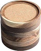 S1EGAN Acacia Wood Coasters Set of 6 - 4.13" Absorbent Cork Base, Stackable Insulated Drink Protectors for Tables
