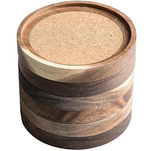 Acacia Wood Coasters for Drinks, 4.13 Inch, Set of 6,