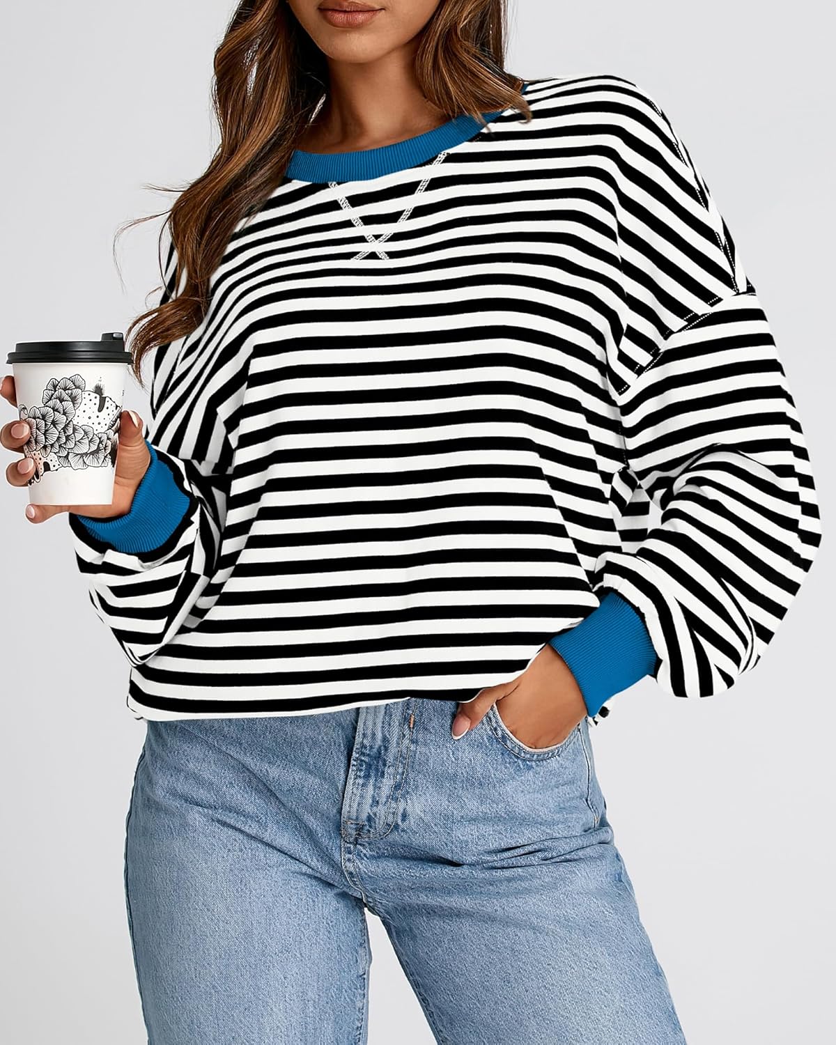 BTFBM Womens Oversized Striped Sweatshirt 2026 Spring Crewneck Long Sleeve Pullover Top Casual Y2K Clothes Workout Shirt - Image 5