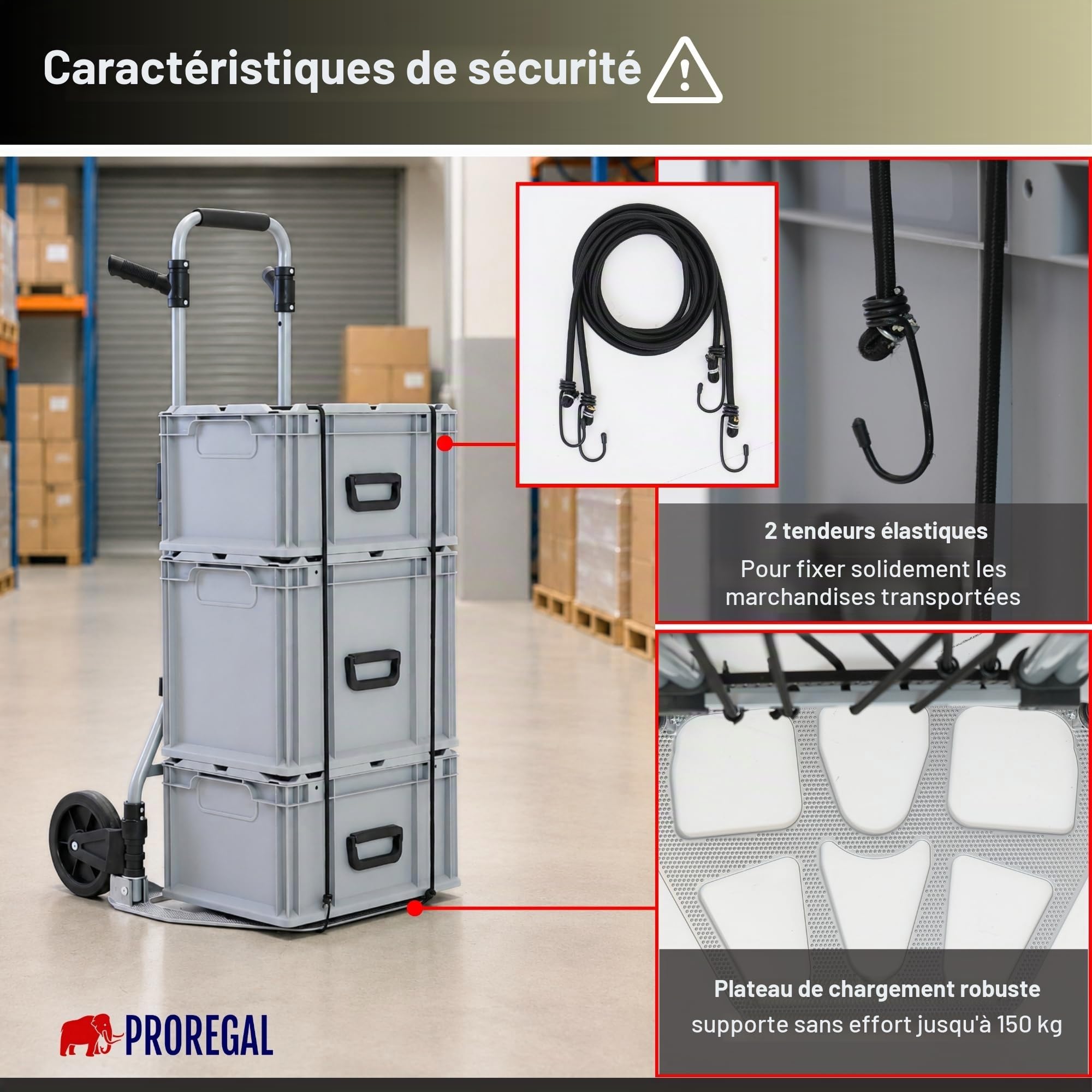 PROREGAL Diable Pliable Elephant | HxLxP 115x50x53cm | Capacité de Charge 150kg | Cadre en Aluminium, poignées ergonomiques, Roues en Caoutchouc TRR | Argent