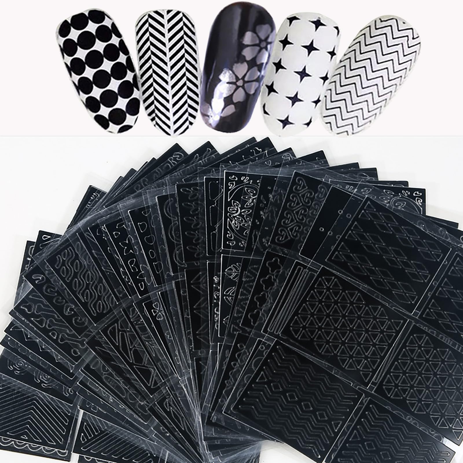 Reusable Nail Stencils for Nail Art - 144 Pieces with 72 Unique Designs, DIY French Tip Guides & Manicure Decals for Professional Salon-Quality Results at Home