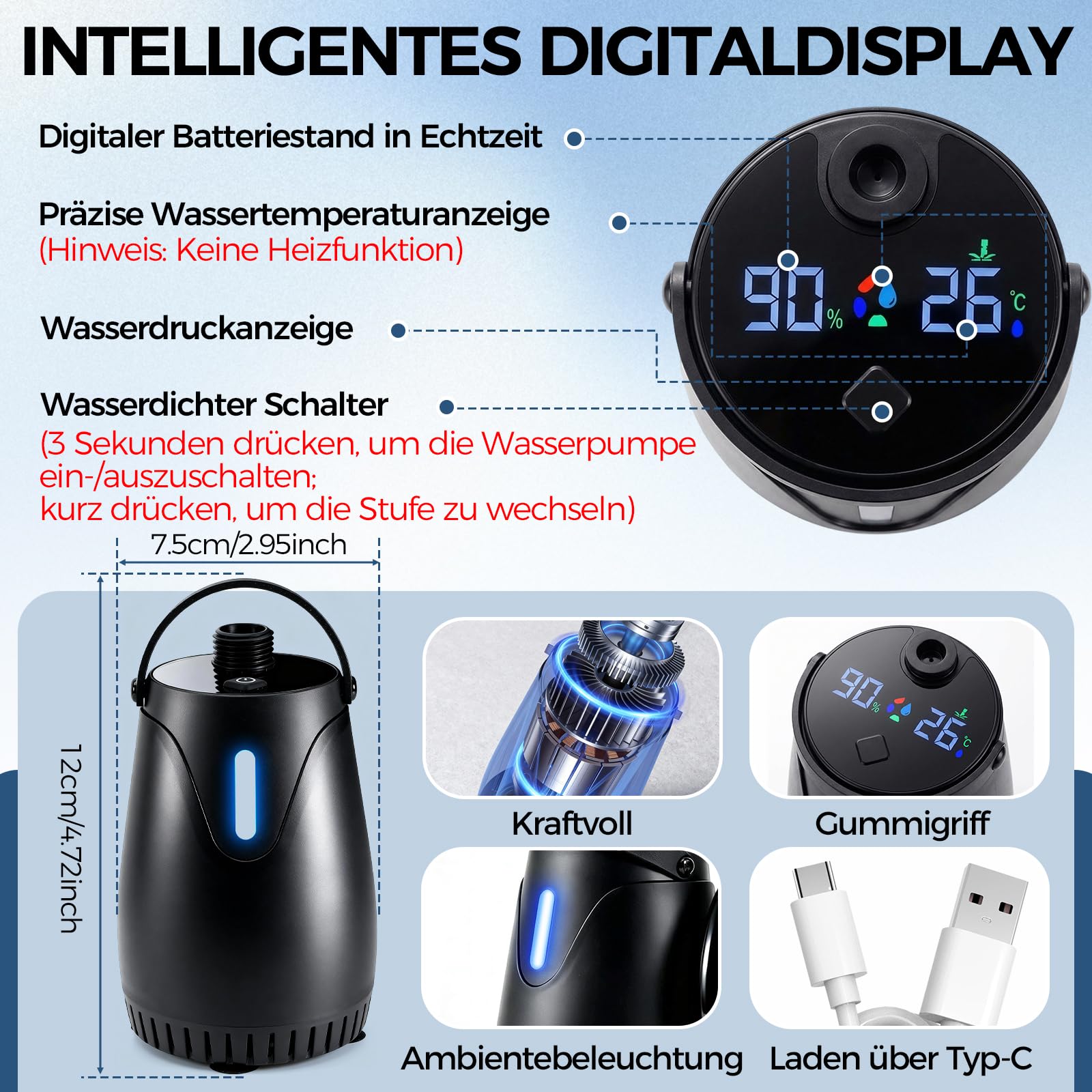 Campingdusche Tragbare, 8000mAh Camping Dusche mit Pumpe, Outdoor Mobile Dusche mit Smart Display Duschkopf und Schlauch für Camping Garten Auto Reisen Haustier