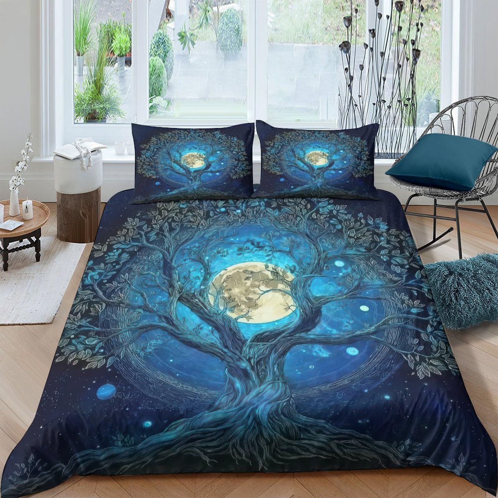 Ctjqhvkz Style-2 3D Printed Mystic Moon Tree Fitted Sheet Microfiber Soft Blue Night Sky Bed Cover For Bedroom Guest Room Decor Single（135X200cm）