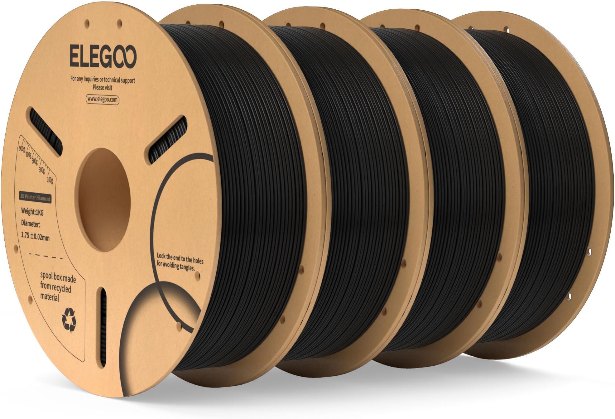PLA Filament 1.75mm Black 4KG, 3D Filament Dimensional Accuracy +/- 0.02mm, 4pcs 1kg Cardboard Spool(2.2lbs) 3D Printing Filament Fits for Most FDM 3D Printers