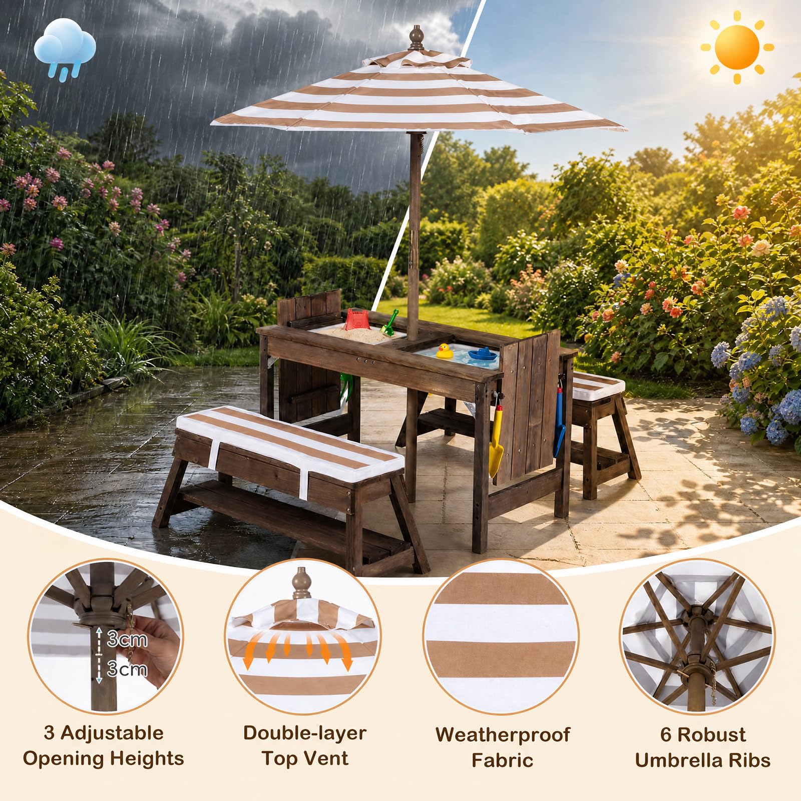LIFEZEAL 3 in 1 Tavolo da Picnic per Attività con Acqua e Sabbia (Cachi) | Set con Tavolo e Panche per Bambini con Ombrellone Rimovibile e Regolabile, Piano Rimovibile, 2 Scatole da Gioco, per 3+ Anni