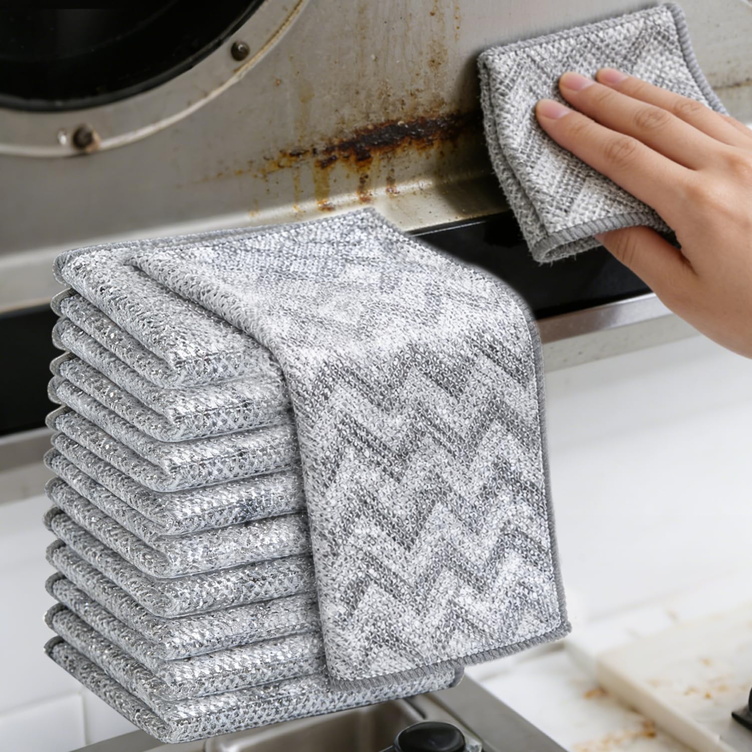 View 1 of 10 Pack Metal Dish Cloth Non Scratch Wire Dishcloth, Reusable Steel Wool Scrubber Pads for Pots Pans Cooktops, Multi Surface Cleaning Cloths Scratch Free Safe for Glass, Wet & Dry Use