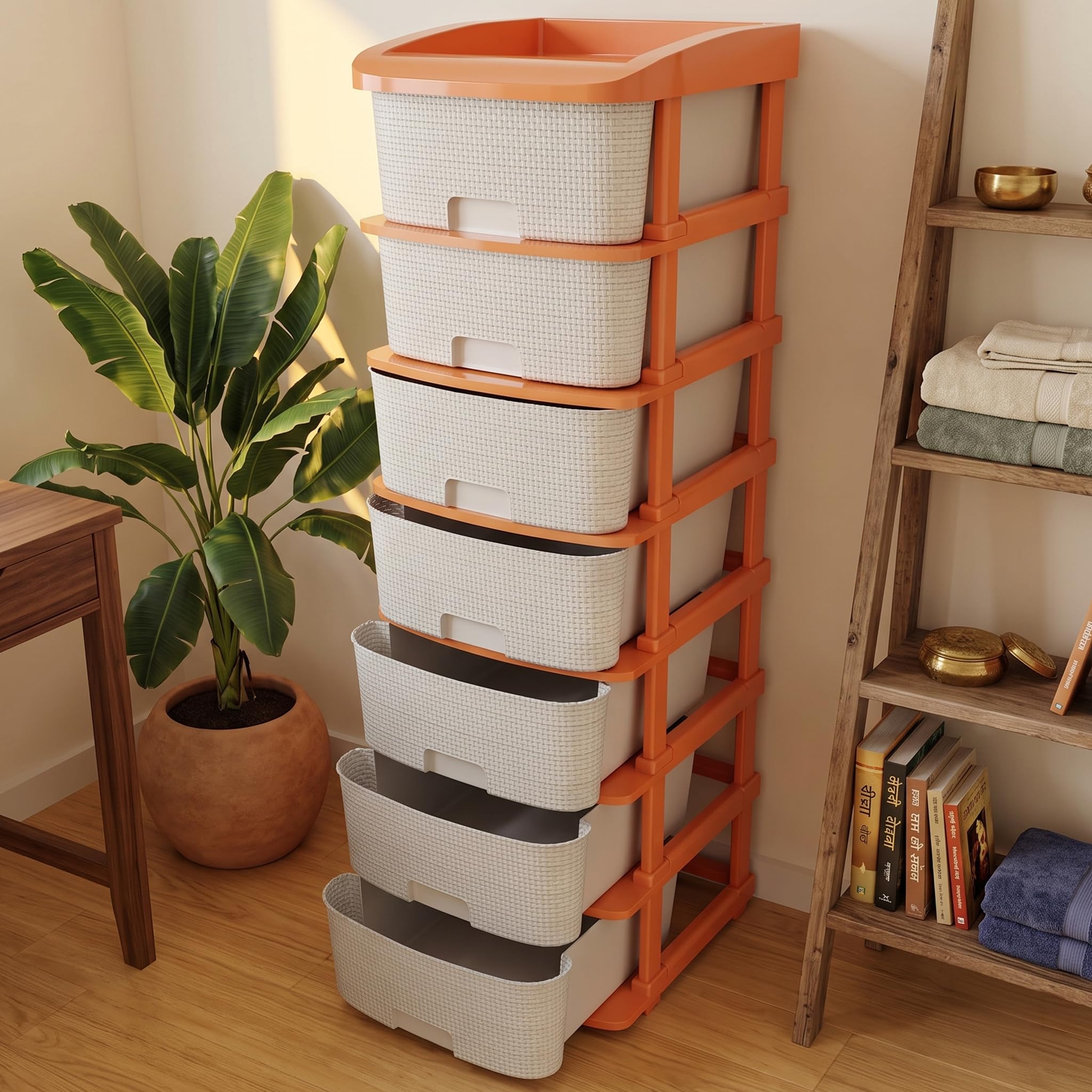 TEX-RO Plastic Modular Drawer Storage Chest of Drawers Organizer Storage Box, Large Stomo Racks for Multipurpose Organizers | White | 7 Layer