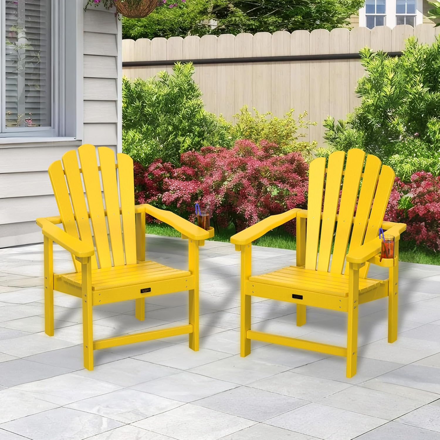 VINGLI Plastic Folding Adirondack Chair with Cup Holder, 100% Recyclable HDPE Material, 380lb Weight Capacity for Outdoor Pool Patio Lounge Chair Lawn Furniture Fire Pit, 1 Pack, Lemon Yellow