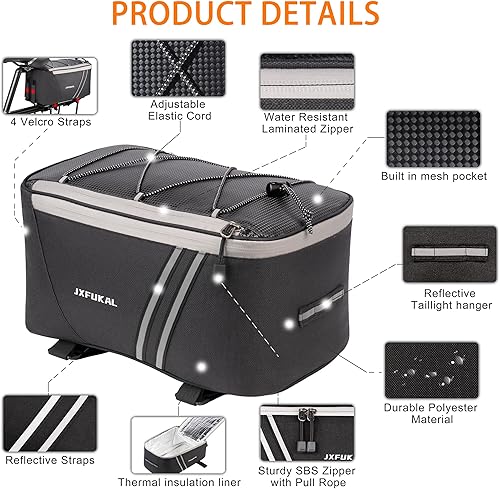 Miniatura 22 de JXFUKAL Bolsa trasera para bicicleta con cubierta de lluvia, 7L/9L/10L/12L Bolsa de sillín de bicicleta Ebike Bolsa de ciclismo Alforja de maletero