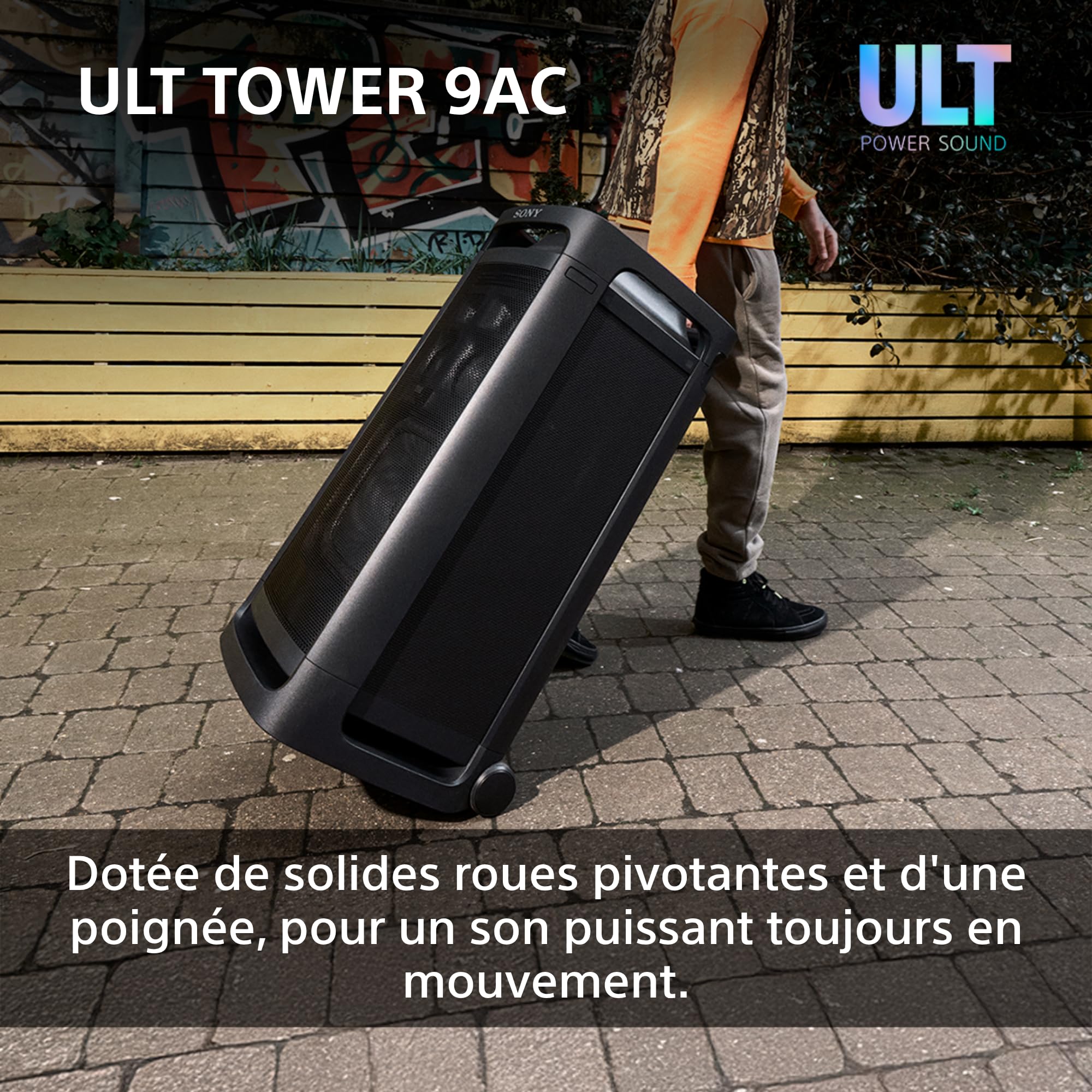 Sony ULT Tower 9AC - Enceinte Bluetooth Party Box Ultimate, Alimentation Secteur, 2 Modes ULT Power Sound, X-Balanced Speaker, 360° Lighting & Sound, entrées pour Karaoke - Noir
