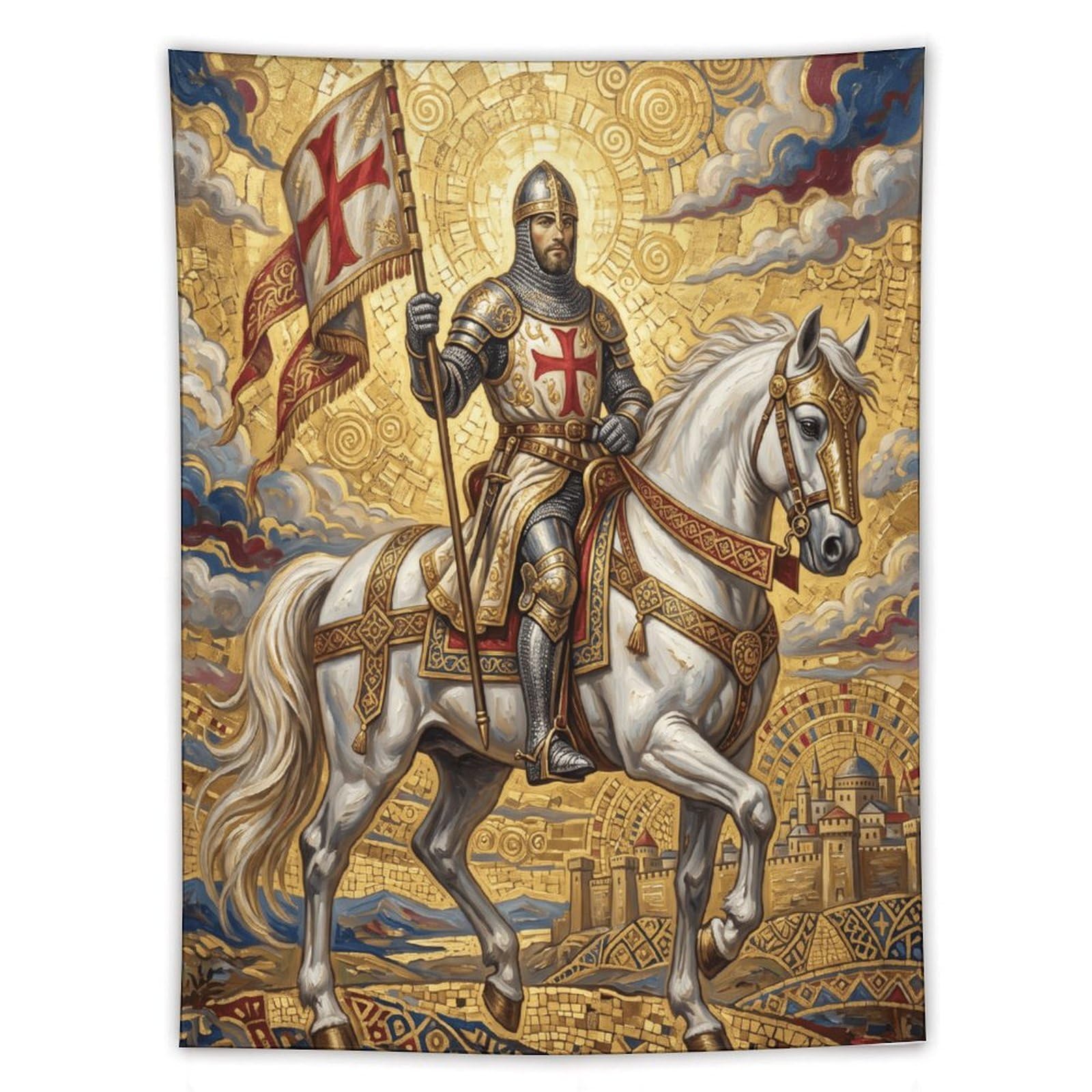 W7C8U2X3 Templar Knight Wall Tapestry, Medieval Illustration, White Horse