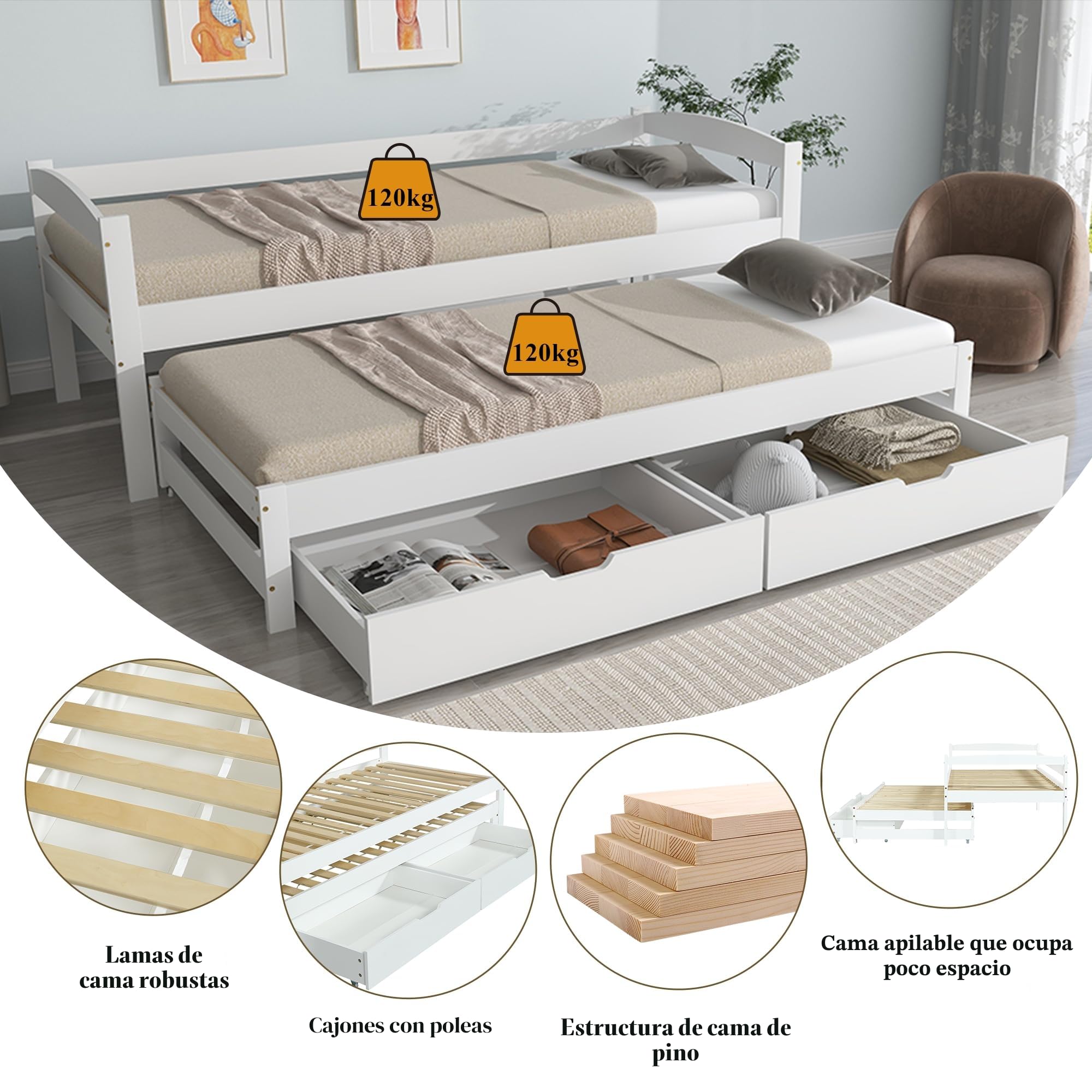 Moimhear Cama individual y doble, cama deslizable con ruedas en la parte inferior, con 2 cajones en MDF, estructura de madera maciza, blanco (90x200cm/90x190cm)