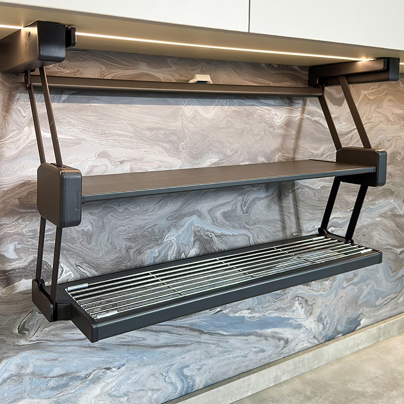 Organizer da parete estraibile, sistema di posate e portaspezie a doppio strato, staffe pieghevoli per barattoli di spezie e bottiglie, salvaspazio da cucina