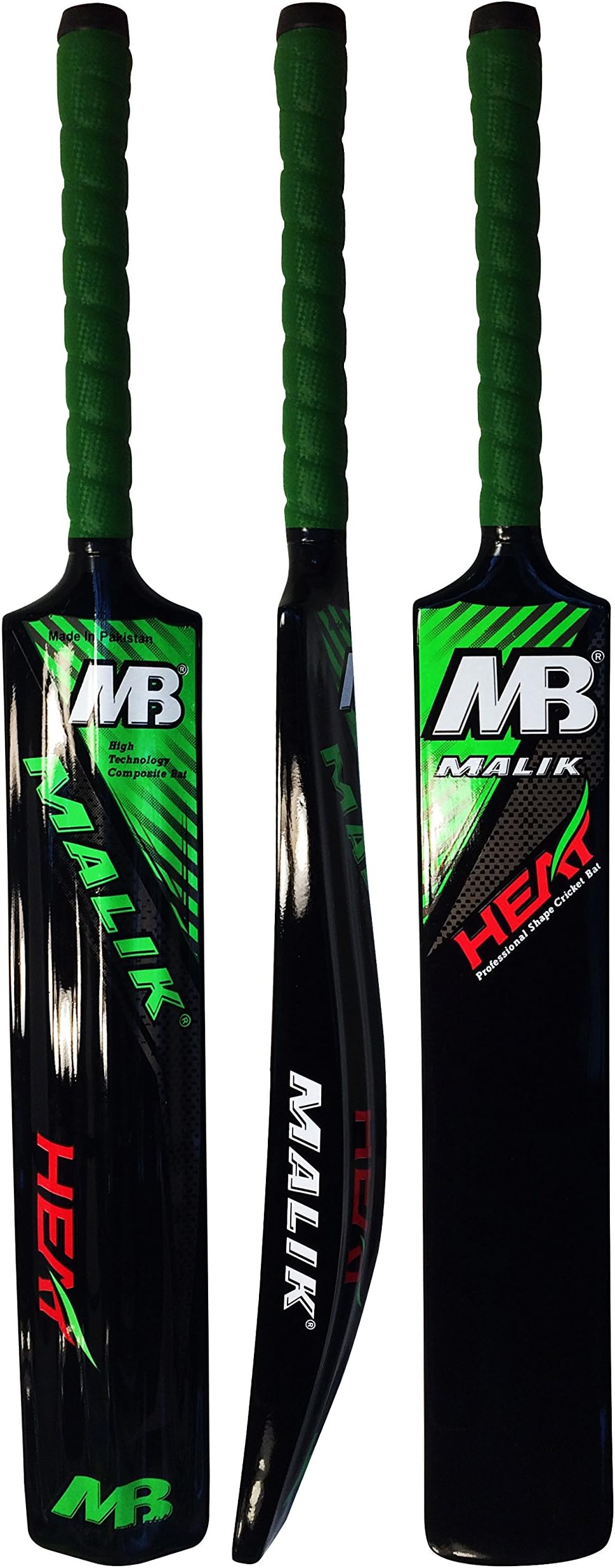 Heat Fiber Glass Composite Black Tape Tennis Ball Cricket Bat By Malik - Full Size Short Handle (Green, Full Size Short Handle)