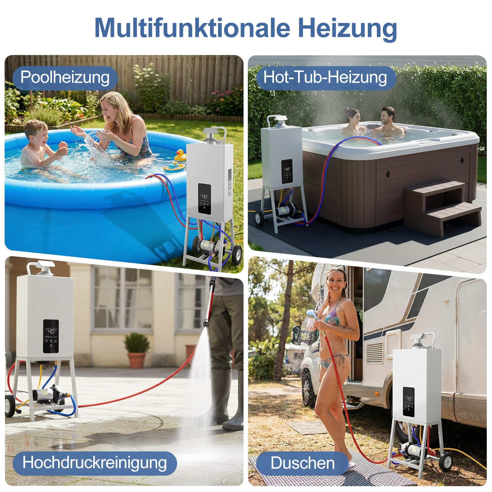 31kW Propangas-Poolheizung – Extrem Schnelles Aufheizen für Aufstellpool, Hot Tub& Spa, Tragbarer Außen-Wassererhitzer mit digitalem Thermostat, integrierter Duschfunktion & Rädern