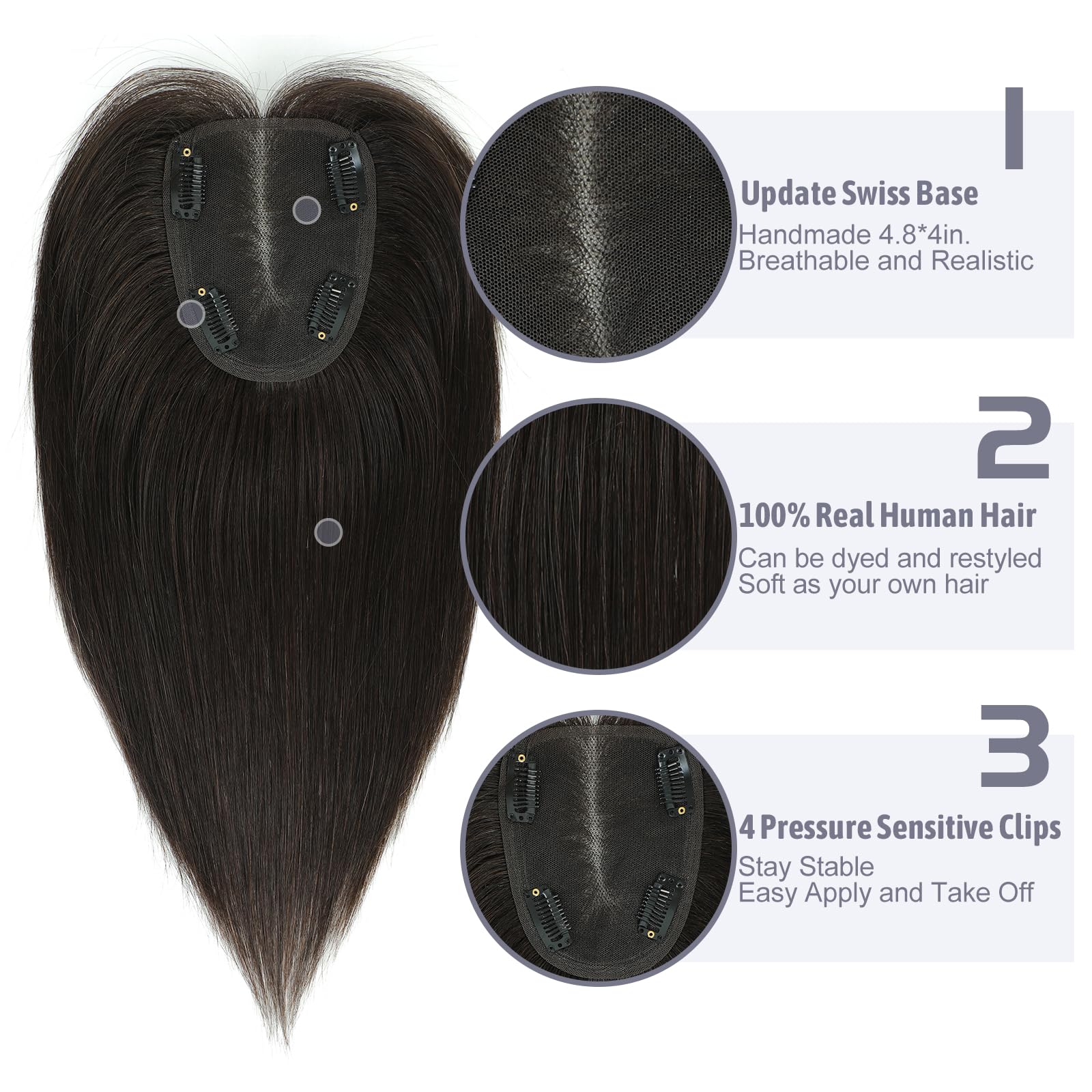 Human Hair Toppers for Women Real Human Hair Topper with Thinning Hair Clip In Topper Hairpieces 40g No Bangs 10 * 12CM Swiss Base Wiglets Top Hair Toppers 12Inch (Dark Brown) - Image 3