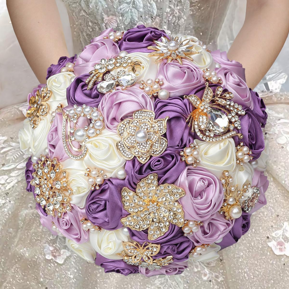 Bouquet de mariée strass fait main fleurs ivoire violet haut de gamme