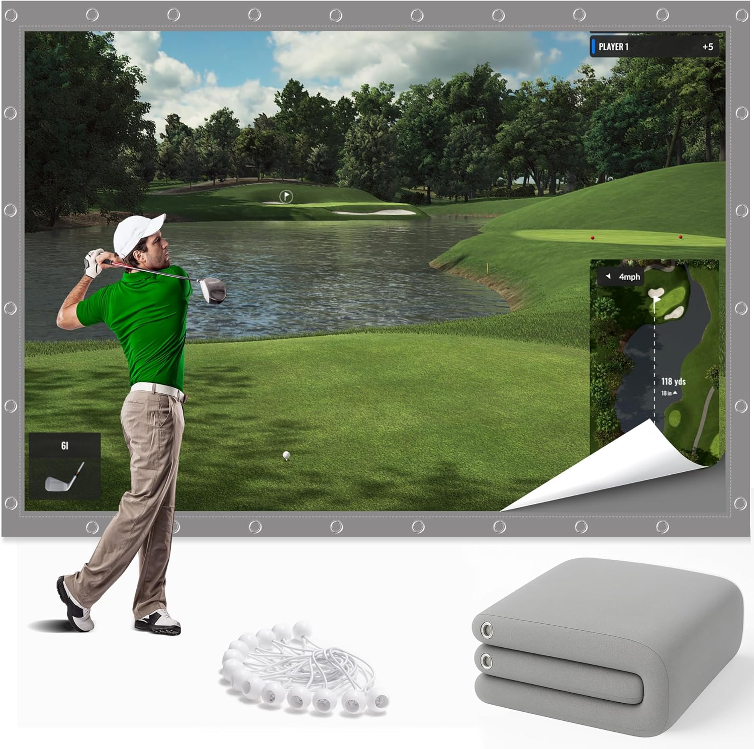 Grey Golf Simulator Impact Screen, 3D Air Mesh Projector Screen, Golf Practice Hitting Screen for Home, Indoor, Outdoor, HD Impact Screen with Grommets&Bungee Cords