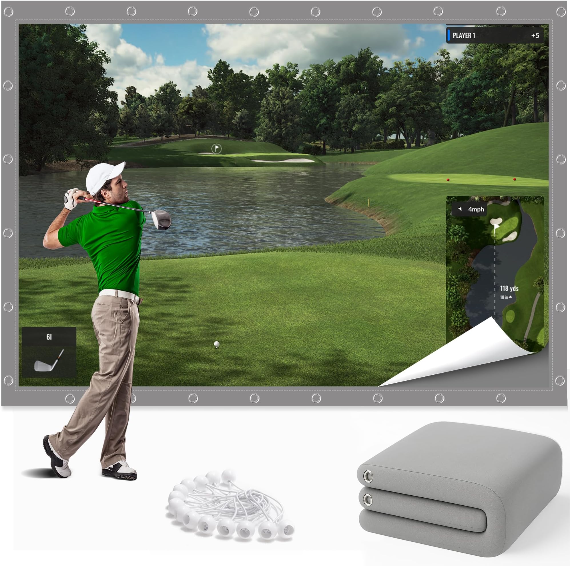 Grey Golf Simulator Impact Screen, 3D Air Mesh Projector Screen, Golf Practice Hitting Screen for Home, Indoor, Outdoor, HD Impact Screen with Grommets&Bungee Cords